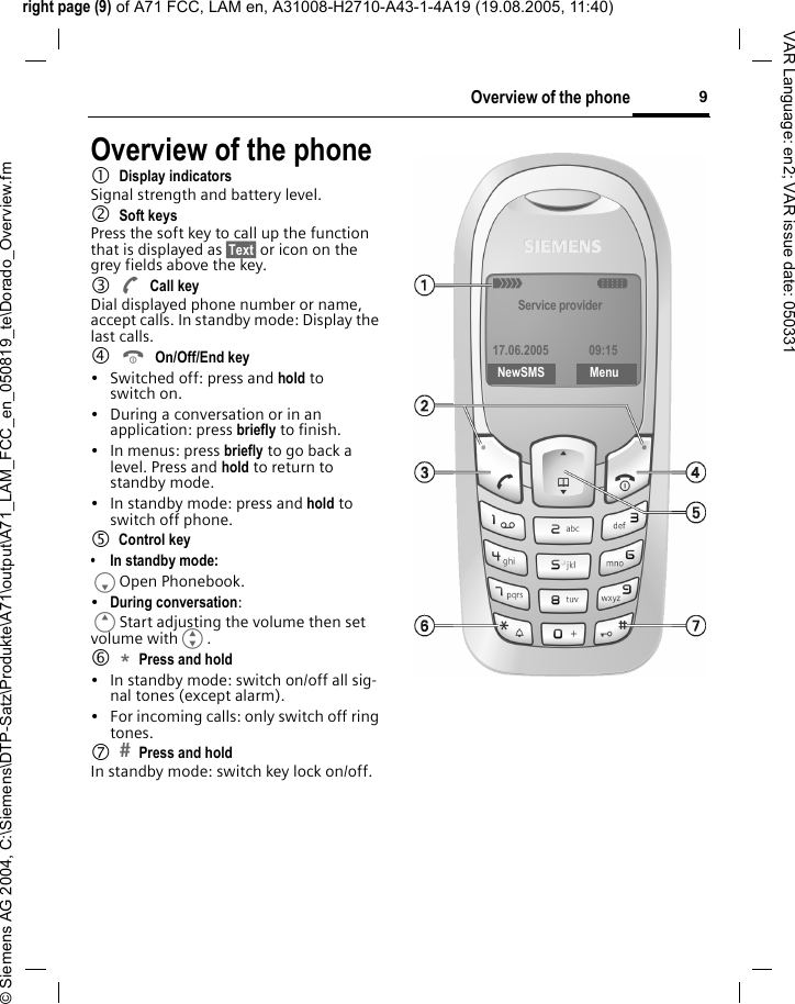 right page (9) of A71 FCC, LAM en, A31008-H2710-A43-1-4A19 (19.08.2005, 11:40)&copy; Siemens AG 2004, C:\Siemens\DTP-Satz\Produkte\A71\output\A71_LAM_FCC_en_050819_te\Dorado_Overview.fm9Overview of the phoneVAR Language: en2; VAR issue date: 050331Overview of the phone1Display indicatorsSignal strength and battery level.2Soft keysPress the soft key to call up the function that is displayed as &sect;Text&sect; or icon on the grey fields above the key. 3ACall keyDial displayed phone number or name, accept calls. In standby mode: Display the last calls.4BOn/Off/End key&bull; Switched off: press and hold to switch on.&bull; During a conversation or in an application: press briefly to finish. &bull; In menus: press briefly to go back a level. Press and hold to return to standby mode.&bull; In standby mode: press and hold to switch off phone.5 Control key&bull; In standby mode:FOpen Phonebook.&bull;During conversation:EStart adjusting the volume then set volume withG.6*Press and hold &bull; In standby mode: switch on/off all sig-nal tones (except alarm). &bull; For incoming calls: only switch off ring tones.7Press and holdIn standby mode: switch key lock on/off._       gService provider17.06.2005                 09:15NewSMS           Menu