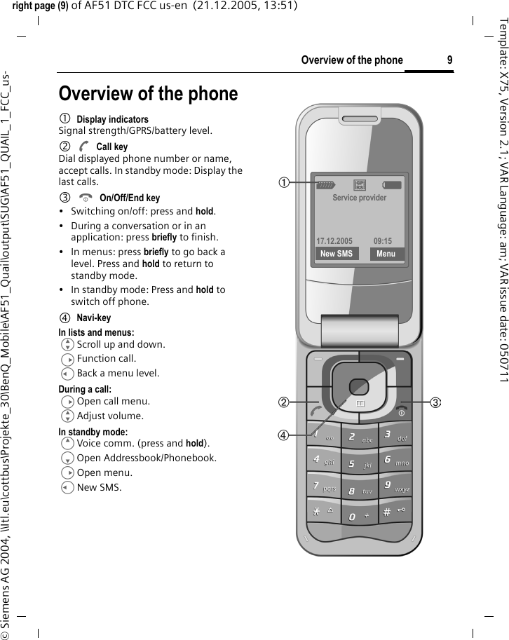 9Overview of the phoneright page (9) of AF51 DTC FCC us-en  (21.12.2005, 13:51)&copy; Siemens AG 2004, \\Itl.eu\cottbus\Projekte_30\BenQ_Mobile\AF51_Quail\output\SUG\AF51_QUAIL_1_FCC_us-Template: X75, Version 2.1; VAR Language: am; VAR issue date: 050711Overview of the phone1Display indicatorsSignal strength/GPRS/battery level.2ACall keyDial displayed phone number or name, accept calls. In standby mode: Display the last calls.3BOn/Off/End key&bull; Switching on/off: press and hold.&bull; During a conversation or in an application: press briefly to finish.&bull; In menus: press briefly to go back a level. Press and hold to return to standby mode.&bull; In standby mode: Press and hold to switch off phone.4Navi-keyIn lists and menus:GScroll up and down.DFunction call.CBack a menu level.During a call:DOpen call menu.GAdjust volume.In standby mode:EVoice comm. (press and hold).FOpen Addressbook/Phonebook.DOpen menu.CNew SMS._ &ordf;gService provider17.12.2005  09:15New SMS          Menu