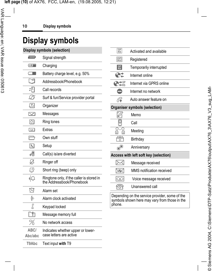&copy; Siemens AG 2004, C:\Siemens\DTP-Satz\Produkte\AX76\output\AX76_3\AX76_V3_sug_LAM-left page (10) of AX76,  FCC, LAM-en,  (19.08.2005, 12:21)Display symbols10VAR Language: en; VAR issue date: 050613Display symbolsDisplay symbols (selection)_ Signal strengthh Chargingd Battery charge level, e.g. 50%&egrave; Addressbook/PhonebookZ Call records&Eacute; Surf &amp; fun/Service provider portal &ccedil; Organizer] Messages Ring tones Extras&Ntilde; Own stuffm Setupn Call(s) is/are divertedj Ringer offk Short ring (beep) onlyl Ringtone only, if the caller is stored in the Addressbook/Phonebook&Oslash; Alarm set&Ouml; Alarm clock activated&micro; Keypad lockedT Message memory full&sup2; No network accessABC/Abc/abc Indicates whether upper or lower-case letters are activeT9Abc Text input with T9&laquo; Activated and available&ordf; Registered Temporarily interrupted&Ecirc; Internet online&Euml; Internet via GPRS online&Igrave; Internet no network&plusmn; Auto answer feature onOrganiser symbols (selection)u Memov Callw Meeting{ Birthday&Egrave; AnniversaryAccess with left soft key (selection)&hellip; Message received&Ucirc; MMS notification received\  Voice message received  Unanswered call Depending on the service provider, some of the symbols shown here may vary from those in the phone.
