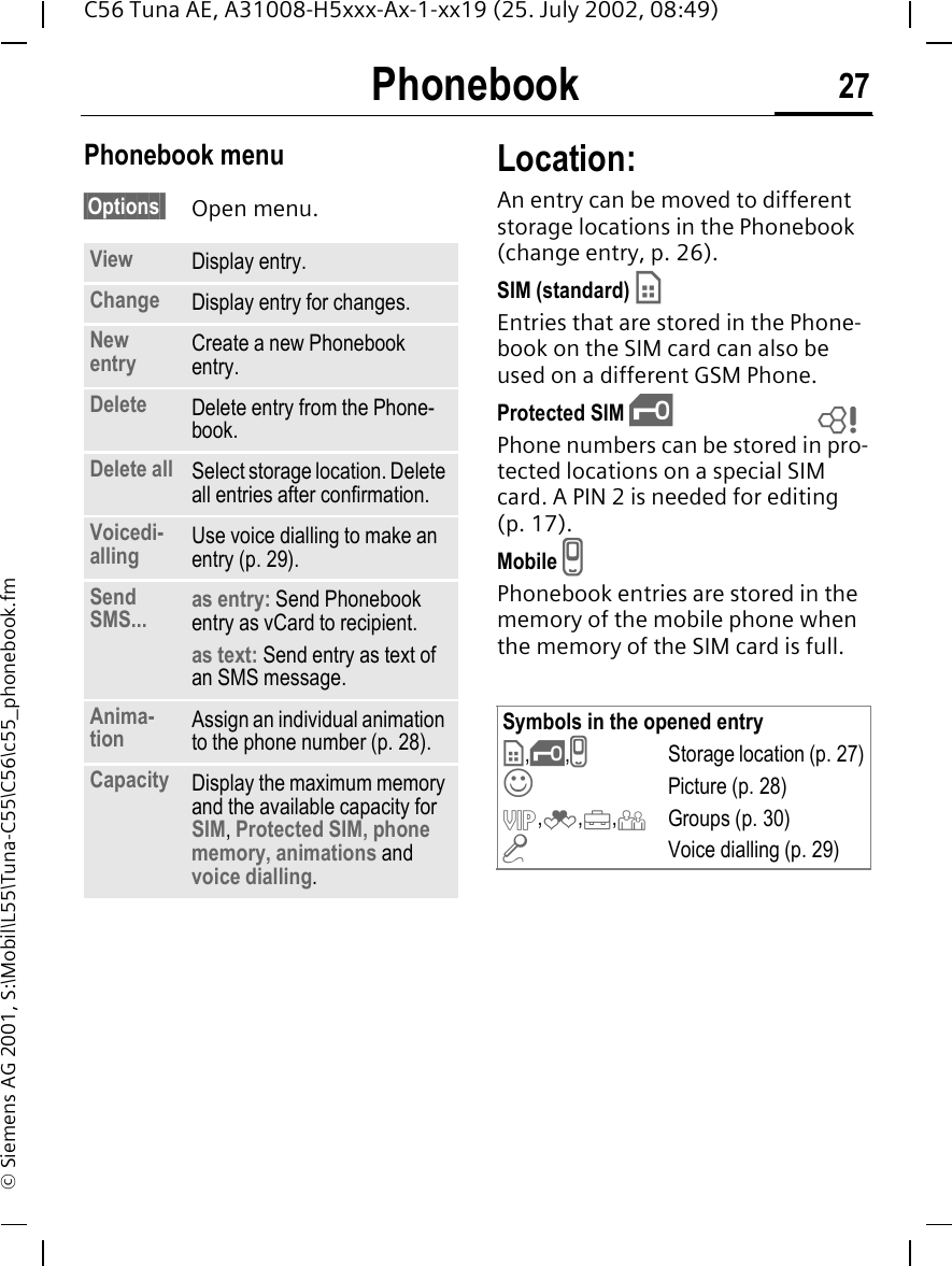Phonebook 27C56 Tuna AE, A31008-H5xxx-Ax-1-xx19 (25. July 2002, 08:49)&copy; Siemens AG 2001, S:\Mobil\L55\Tuna-C55\C56\c55_phonebook.fmPhonebook menu &sect;Options  Open menu.Location: An entry can be moved to different storage locations in the Phonebook (change entry, p. 26). SIM (standard)  &cent;Entries that are stored in the Phone-book on the SIM card can also be used on a different GSM Phone.Protected SIM  &iexcl;Phone numbers can be stored in pro-tected locations on a special SIM card. A PIN 2 is needed for editing (p. 17).Mobile  vPhonebook entries are stored in the memory of the mobile phone when the memory of the SIM card is full.View Display entry.Change Display entry for changes.New entry Create a new Phonebook entry.Delete Delete entry from the Phone-book.Delete all Select storage location. Delete all entries after confirmation.Voicedi-alling Use voice dialling to make an entry (p. 29).Send SMS... as entry: Send Phonebook entry as vCard to recipient.as text: Send entry as text of an SMS message.Anima-tion Assign an individual animation to the phone number (p. 28).Capacity Display the maximum memory and the available capacity for SIM, Protected SIM, phone memory, animations and voice dialling.Symbols in the opened entry &cent;, &iexcl;, vStorage location (p. 27) &rsaquo;Picture (p. 28) &Aring;, &Atilde;, &Auml;, &Ccedil;  Groups (p. 30) &deg; Voice dialling (p. 29)L