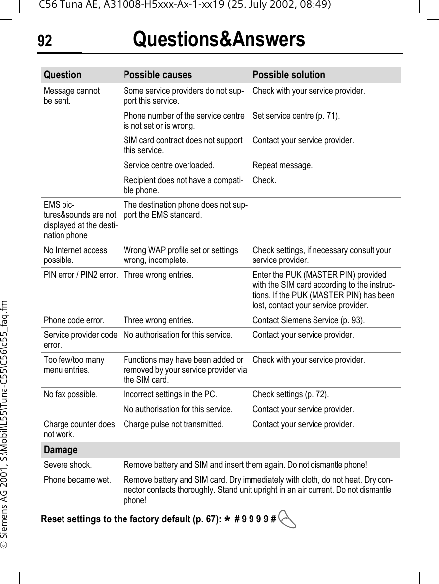 Questions&amp;Answers92C56 Tuna AE, A31008-H5xxx-Ax-1-xx19 (25. July 2002, 08:49)&copy; Siemens AG 2001, S:\Mobil\L55\Tuna-C55\C56\c55_faq.fmQuestion Possible causes Possible solutionMessage cannot be sent.Some service providers do not sup-port this service.Check with your service provider.Phone number of the service centre is not set or is wrong.Set service centre (p. 71).SIM card contract does not support this service.Contact your service provider.Service centre overloaded. Repeat message.Recipient does not have a compati-ble phone.Check.EMS pic-tures&amp;sounds are not displayed at the desti-nation phoneThe destination phone does not sup-port the EMS standard.No Internet access possible.Wrong WAP profile set or settings wrong, incomplete.Check settings, if necessary consult your service provider.PIN error / PIN2 error. Three wrong entries. Enter the PUK (MASTER PIN) provided with the SIM card according to the instruc-tions. If the PUK (MASTER PIN) has been lost, contact your service provider.Phone code error. Three wrong entries. Contact Siemens Service (p. 93).Service provider code error.No authorisation for this service. Contact your service provider.Too few/too many menu entries.Functions may have been added or removed by your service provider via the SIM card.Check with your service provider.No fax possible. Incorrect settings in the PC. Check settings (p. 72).No authorisation for this service. Contact your service provider.Charge counter does not work.Charge pulse not transmitted. Contact your service provider.DamageSevere shock. Remove battery and SIM and insert them again. Do not dismantle phone!Phone became wet. Remove battery and SIM card. Dry immediately with cloth, do not heat. Dry con-nector contacts thoroughly. Stand unit upright in an air current. Do not dismantle phone!Reset settings to the factory default (p. 67): * # 9 9 9 9 #  A