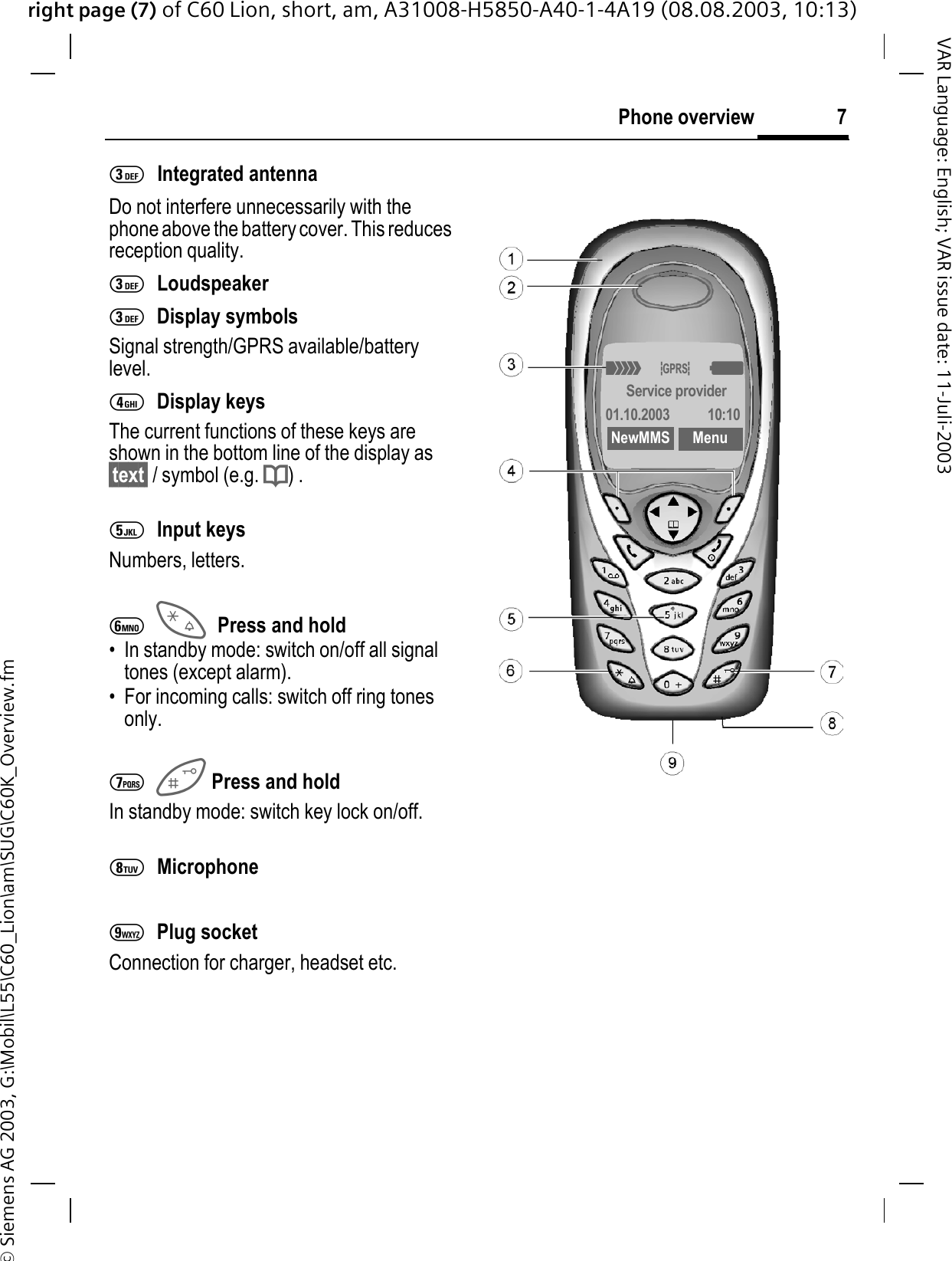 right page (7) of C60 Lion, short, am, A31008-H5850-A40-1-4A19 (08.08.2003, 10:13)&copy; Siemens AG 2003, G:\Mobil\L55\C60_Lion\am\SUG\C60K_Overview.fm7Phone overviewVAR Language: English; VAR issue date: 11-Juli-20033Integrated antenna Do not interfere unnecessarily with the phone above the battery cover. This reduces  reception quality.3Loudspeaker3Display symbolsSignal strength/GPRS available/battery level.4Display keysThe current functions of these keys are shown in the bottom line of the display as &sect;text&sect; / symbol (e.g. d) .5Input keysNumbers, letters.6Press and hold &bull; In standby mode: switch on/off all signal tones (except alarm). &bull; For incoming calls: switch off ring tones only.7Press and holdIn standby mode: switch key lock on/off.8Microphone9Plug socketConnection for charger, headset etc.4x<Service provider01.10.2003 10:10NewMMS Menu
