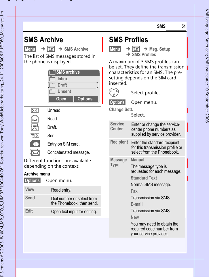 gpg(),g, ( )&copy; Siemens AG 2003, W:\ICM_MP_CCQ_S_UM\03FL00440 C61 Korrekturen von Tony\Work\Ueberarbeitung_24.11.2003\C61\US\C60_Messages.fm51SMSVAR Language: American; VAR issue date: 10-September-2003SMS Archive&sect;Menu&sect;  &cent;] &cent;SMS ArchiveThe list of SMS messages stored in the phone is displayed.Different functions are available depending on the context:Archive menu&sect;Options&sect; Open menu.SMS Profiles&sect;Menu&sect;  &cent;] &cent;Msg. Setup &cent;SMS ProfilesA maximum of 3 SMS profiles can be set. They define the transmission characteristics for an SMS. The pre-setting depends on the SIM card inserted.GSelect profile.&sect;Options&sect; Open menu.Change Sett. Select.&hellip; Unread.&fnof; Read&sbquo; Draft.&bdquo; Sent.&cent; Entry on SIM card.X Concatenated message.View Read entry.Send Dial number or select from the Phonebook, then send.Edit Open text input for editing.&Ntilde;\SMS archive Inbox Draft UnsentOpen OptionsService Center Enter or change the service-center phone numbers as supplied by service provider.Recipient Enter the standard recipient for this transmission profile or select from the Phonebook.Message Type ManualThe message type is requested for each message.Standard TextNormal SMS message.FaxTransmission via SMS.E-mailTransmission via SMS.NewYou may need to obtain the required code number from your service provider.