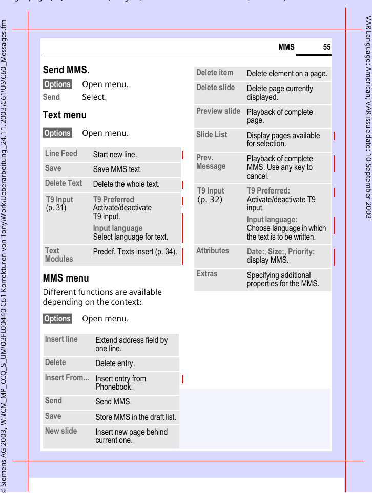 gpg(),g, ( )&copy; Siemens AG 2003, W:\ICM_MP_CCQ_S_UM\03FL00440 C61 Korrekturen von Tony\Work\Ueberarbeitung_24.11.2003\C61\US\C60_Messages.fm55MMSVAR Language: American; VAR issue date: 10-September-2003Send MMS.&sect;Options&sect; Open menu.Send Select. Text menu&sect;Options&sect; Open menu. MMS menuDifferent functions are available depending on the context:&sect;Options&sect; Open menu. Line Feed Start new line.Save Save MMS text.Delete Text Delete the whole text.T9 Input (p. 31)T9 Preferred Activate/deactivate T9 input.Input language Select language for text.Text Modules Predef. Texts insert (p. 34).Insert line Extend address field by one line.Delete Delete entry.Insert From... Insert entry from Phonebook.Send Send MMS.Save Store MMS in the draft list.New slide Insert new page behind current one.Delete item Delete element on a page.Delete slide Delete page currently displayed.Preview slide Playback of complete page.Slide List Display pages available for selection.Prev. Message Playback of complete MMS. Use any key to cancel.T9 Input (p. 32) T9 Preferred: Activate/deactivate T9 input.Input language: Choose language in which the text is to be written.Attributes Date:, Size:, Priority: display MMS.Extras Specifying additional properties for the MMS.