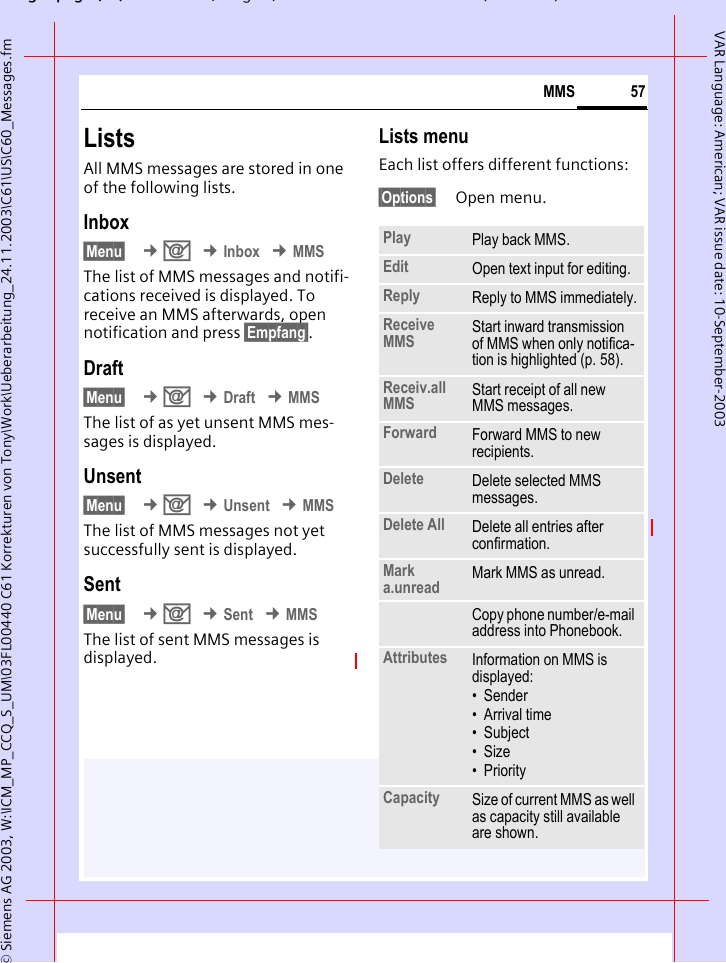 gpg(),g, ( )&copy; Siemens AG 2003, W:\ICM_MP_CCQ_S_UM\03FL00440 C61 Korrekturen von Tony\Work\Ueberarbeitung_24.11.2003\C61\US\C60_Messages.fm57MMSVAR Language: American; VAR issue date: 10-September-2003ListsAll MMS messages are stored in one of the following lists.Inbox&sect;Menu&sect;  &cent;] &cent;Inbox &cent;MMSThe list of MMS messages and notifi-cations received is displayed. To receive an MMS afterwards, open notification and press &sect;Empfang&sect;. Draft&sect;Menu&sect;  &cent;] &cent;Draft &cent;MMSThe list of as yet unsent MMS mes-sages is displayed.Unsent&sect;Menu&sect;  &cent;] &cent;Unsent &cent;MMSThe list of MMS messages not yet successfully sent is displayed.Sent&sect;Menu&sect;  &cent;] &cent;Sent &cent;MMSThe list of sent MMS messages is displayed.Lists menuEach list offers different functions:&sect;Options&sect; Open menu.Play Play back MMS.Edit Open text input for editing.Reply Reply to MMS immediately.Receive MMS Start inward transmission of MMS when only notifica-tion is highlighted (p. 58).Receiv.all MMS Start receipt of all new MMS messages.Forward Forward MMS to new recipients.Delete Delete selected MMS messages.Delete All Delete all entries after confirmation.Mark a.unread Mark MMS as unread.Copy phone number/e-mail address into Phonebook.Attributes Information on MMS is displayed:&bull; Sender&bull;Arrival time&bull; Subject&bull;Size&bull;PriorityCapacity Size of current MMS as well as capacity still available are shown.