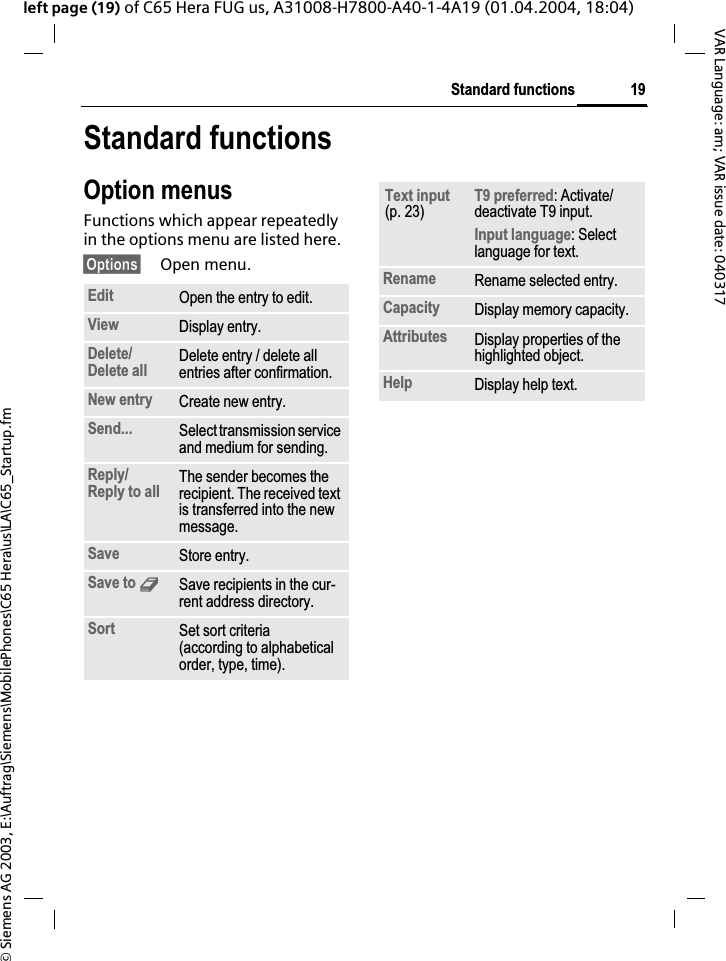 &copy; Siemens AG 2003, E:\Auftrag\Siemens\MobilePhones\C65 Hera\us\LA\C65_Startup.fm19Standard functionsVAR Language: am; VAR issue date: 040317left page (19) of C65 Hera FUG us, A31008-H7800-A40-1-4A19 (01.04.2004, 18:04)Standard functionsOption menusFunctions which appear repeatedly in the options menu are listed here.&sect;Options&sect; Open menu.Edit Open the entry to edit.View Display entry.Delete/Delete all Delete entry / delete all entries after confirmation.New entry Create new entry.Send... Select transmission service and medium for sending.Reply/Reply to all The sender becomes the recipient. The received text is transferred into the new message.Save Store entry.Save to 9Save recipients in the cur-rent address directory.Sort Set sort criteria(according to alphabetical order, type, time).Text input(p. 23)T9 preferred: Activate/deactivate T9 input.Input language: Select language for text.Rename Rename selected entry.Capacity Display memory capacity.Attributes Display properties of the highlighted object.Help Display help text.