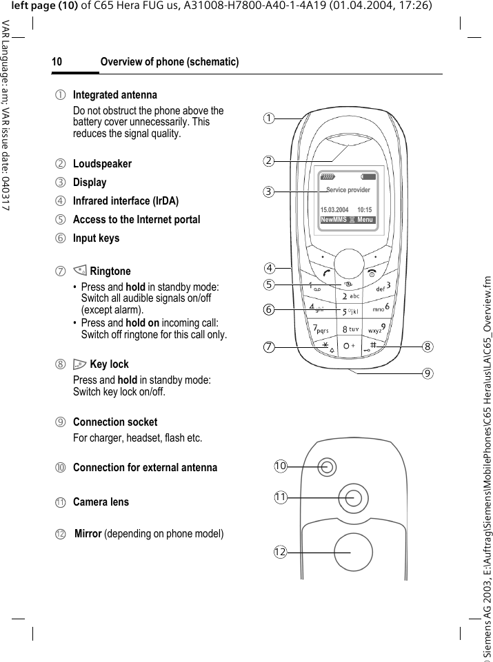 &copy; Siemens AG 2003, E:\Auftrag\Siemens\MobilePhones\C65 Hera\us\LA\C65_Overview.fmOverview of phone (schematic)10VAR Language: am; VAR issue date: 040317left page (10) of C65 Hera FUG us, A31008-H7800-A40-1-4A19 (01.04.2004, 17:26)1 Integrated antennaDo not obstruct the phone above the battery cover unnecessarily. This reduces the signal quality.2 Loudspeaker3 Display4 Infrared interface (IrDA)5 Access to the Internet portal6 Input keys7 * Ringtone&bull; Press and hold in standby mode: Switch all audible signals on/off (except alarm). &bull; Press and hold on incoming call: Switch off ringtone for this call only.8 # Key lockPress and hold in standby mode: Switch key lock on/off.9 Connection socketFor charger, headset, flash etc.: Connection for external antenna Camera lens Mirror (depending on phone model)111267142983Z            XService provider15.03.2004      10:15NewMMS &iacute;Menu5111210