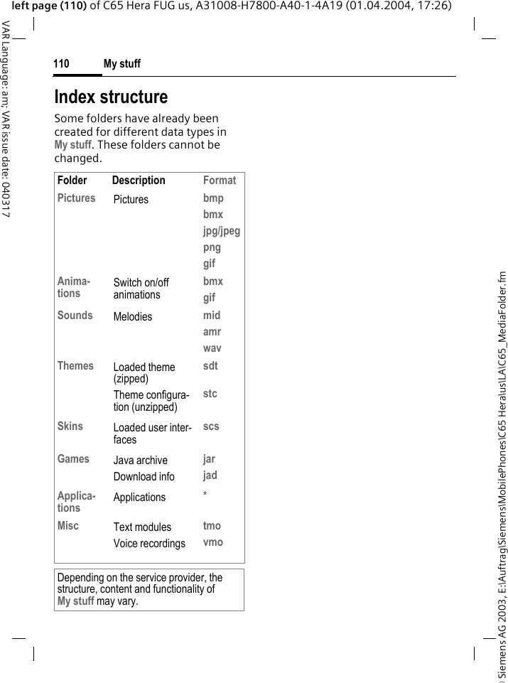 &copy; Siemens AG 2003, E:\Auftrag\Siemens\MobilePhones\C65 Hera\us\LA\C65_MediaFolder.fmMy stuff110VAR Language: am; VAR issue date: 040317left page (110) of C65 Hera FUG us, A31008-H7800-A40-1-4A19 (01.04.2004, 17:26)Index structureSome folders have already been created for different data types inMy stuff. These folders cannot be changed.Folder Description FormatPictures Pictures bmpbmxjpg/jpegpnggifAnima-tions Switch on/off animationsbmxgifSounds Melodies midamrwavThemes Loaded theme (zipped)Theme configura-tion (unzipped)sdtstcSkins Loaded user inter-facesscsGames Java archiveDownload infojarjadApplica-tions Applications *Misc Text modulesVoice recordingstmovmoDepending on the service provider, the structure, content and functionality ofMy stuff may vary.