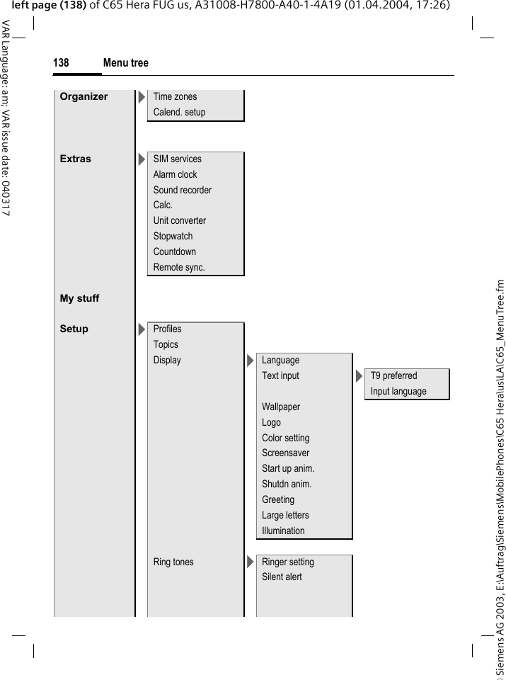 &copy; Siemens AG 2003, E:\Auftrag\Siemens\MobilePhones\C65 Hera\us\LA\C65_MenuTree.fmMenu tree138VAR Language: am; VAR issue date: 040317left page (138) of C65 Hera FUG us, A31008-H7800-A40-1-4A19 (01.04.2004, 17:26)Organizer >Time zonesCalend. setupExtras >SIM servicesAlarm clockSound recorderCalc.Unit converterStopwatchCountdownRemote sync.My stuffSetup >ProfilesTopicsDisplay >LanguageText input >T9 preferredInput languageWallpaperLogoColor settingScreensaverStart up anim.Shutdn anim.GreetingLarge lettersIlluminationRing tones >Ringer settingSilent alert