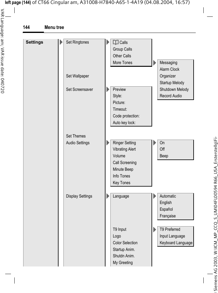 &copy; Siemens AG 2003, W:\ICM_MP_CCQ_S_UM\04FL00594 R66_USA_Ersterstellg\Fi-Menu tree144VAR Language: am; VAR issue date: 040720left page (144) of CT66 Cingular am, A31008-H7840-A65-1-4A19 (04.08.2004, 16:57)Settings >Set Ringtones >d CallsGroup CallsOther CallsMore Tones >MessagingAlarm ClockSet Wallpaper OrganizerStartup MelodySet Screensaver >Preview Shutdown MelodyStyle: Record AudioPicture:Timeout:Code protection:Auto key lock:Set ThemesAudio Settings >Ringer Setting >OnVibrating Alert OffVolume BeepCall ScreeningMinute BeepInfo TonesKey TonesDisplay Settings >Language >AutomaticEnglishEspa&ntilde;olFran&ccedil;aiseT9 Input >T9 PreferredLogo Input LanguageColor Selection Keyboard LanguageStartup Anim.Shutdn Anim.My Greeting