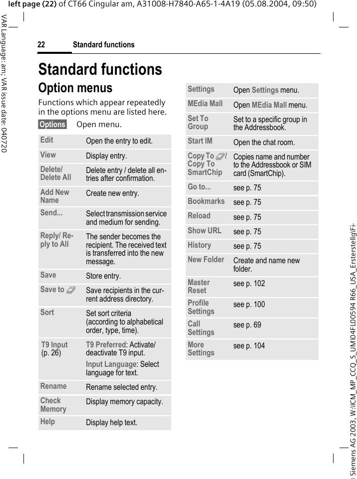 &copy; Siemens AG 2003, W:\ICM_MP_CCQ_S_UM\04FL00594 R66_USA_Ersterstellg\Fi-Standard functions22VAR Language: am; VAR issue date: 040720left page (22) of CT66 Cingular am, A31008-H7840-A65-1-4A19 (05.08.2004, 09:50)Standard functionsOption menusFunctions which appear repeatedly in the options menu are listed here.&sect;Options&sect; Open menu.Edit Open the entry to edit.View Display entry.Delete/ Delete All Delete entry / delete all en-tries after confirmation.Add New Name Create new entry.Send... Select transmission service and medium for sending.Reply/ Re-ply to All The sender becomes the recipient. The received text is transferred into the new message.Save Store entry.Save to 9Save recipients in the cur-rent address directory.Sort Set sort criteria(according to alphabetical order, type, time).T9 Input (p. 26)T9 Preferred: Activate/deactivate T9 input.Input Language: Select language for text.Rename Rename selected entry.Check Memory Display memory capacity.Help Display help text.Settings Open Settings menu.MEdia Mall Open MEdia Mall menu.Set To Group Set to a specific group in the Addressbook.Start IM Open the chat room.Copy To 9/ Copy To SmartChipCopies name and number to the Addressbook or SIM card (SmartChip).Go to... see p. 75Bookmarks see p. 75Reload see p. 75Show URL see p. 75History see p. 75New Folder Create and name new folder.Master Reset see p. 102Profile Settings see p. 100Call Settings see p. 69More Settings see p. 104