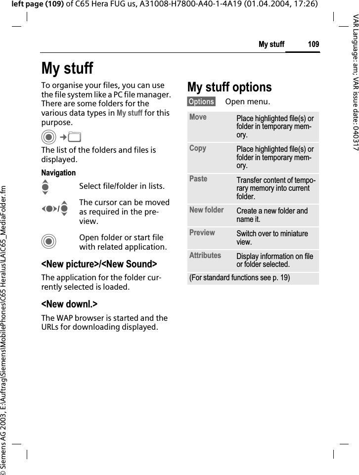 &copy; Siemens AG 2003, E:\Auftrag\Siemens\MobilePhones\C65 Hera\us\LA\C65_MediaFolder.fm109My stuffVAR Language: am; VAR issue date: 040317left page (109) of C65 Hera FUG us, A31008-H7800-A40-1-4A19 (01.04.2004, 17:26)My stuffTo organise your files, you can use the file system like a PC file manager. There are some folders for the various data types in My stuff for this purpose.C&cent;NThe list of the folders and files is displayed.NavigationISelect file/folder in lists.F/IThe cursor can be moved as required in the pre-view.COpen folder or start file with related application.<New picture>/<New Sound>The application for the folder cur-rently selected is loaded.<New downl.>The WAP browser is started and the URLs for downloading displayed.My stuff options&sect;Options&sect; Open menu.Move Place highlighted file(s) or folder in temporary mem-ory.Copy Place highlighted file(s) or folder in temporary mem-ory.Paste Transfer content of tempo-rary memory into current folder.New folder Create a new folder and name it.Preview Switch over to miniature view.Attributes Display information on file or folder selected.(For standard functions see p. 19)