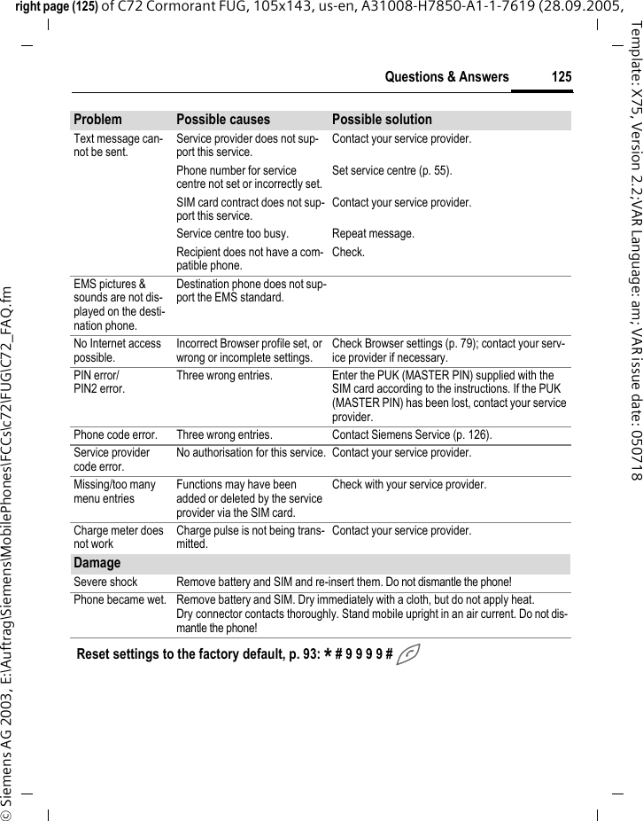 125Questions &amp; Answersright page (125) of C72 Cormorant FUG, 105x143, us-en, A31008-H7850-A1-1-7619 (28.09.2005, &copy; Siemens AG 2003, E:\Auftrag\Siemens\MobilePhones\FCCs\c72\FUG\C72_FAQ.fmTemplate: X75, Version 2.2;VAR Language: am; VAR issue date: 050718Text message can-not be sent.Service provider does not sup-port this service.Contact your service provider.Phone number for service centre not set or incorrectly set.Set service centre (p. 55).SIM card contract does not sup-port this service.Contact your service provider.Service centre too busy. Repeat message.Recipient does not have a com-patible phone.Check.EMS pictures &amp; sounds are not dis-played on the desti-nation phone.Destination phone does not sup-port the EMS standard.No Internet access possible.Incorrect Browser profile set, or wrong or incomplete settings.Check Browser settings (p. 79); contact your serv-ice provider if necessary.PIN error/PIN2 error.Three wrong entries. Enter the PUK (MASTER PIN) supplied with the SIM card according to the instructions. If the PUK (MASTER PIN) has been lost, contact your service provider.Phone code error. Three wrong entries. Contact Siemens Service (p. 126).Service provider code error.No authorisation for this service. Contact your service provider.Missing/too many menu entriesFunctions may have been added or deleted by the service provider via the SIM card.Check with your service provider.Charge meter does not workCharge pulse is not being trans-mitted.Contact your service provider.DamageSevere shock Remove battery and SIM and re-insert them. Do not dismantle the phone!Phone became wet. Remove battery and SIM. Dry immediately with a cloth, but do not apply heat. Dry connector contacts thoroughly. Stand mobile upright in an air current. Do not dis-mantle the phone!Problem Possible causes Possible solutionReset settings to the factory default, p. 93: * # 9 9 9 9 # A 