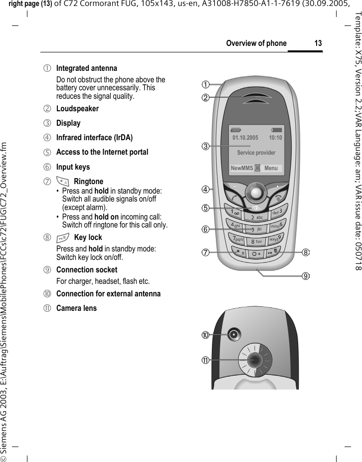13Overview of phoneright page (13) of C72 Cormorant FUG, 105x143, us-en, A31008-H7850-A1-1-7619 (30.09.2005, &copy; Siemens AG 2003, E:\Auftrag\Siemens\MobilePhones\FCCs\c72\FUG\C72_Overview.fmTemplate: X75, Version 2.2;VAR Language: am; VAR issue date: 0507181 Integrated antennaDo not obstruct the phone above the battery cover unnecessarily. This reduces the signal quality.2 Loudspeaker3 Display4 Infrared interface (IrDA)5 Access to the Internet portal6 Input keys7 *Ringtone&bull; Press and hold in standby mode: Switch all audible signals on/off (except alarm). &bull; Press and hold on incoming call: Switch off ringtone for this call only.8 #Key lockPress and hold in standby mode: Switch key lock on/off.9 Connection socketFor charger, headset, flash etc.: Connection for external antenna* Camera lensZ  X01.10.2005 10:10Service providerNewMMS &iacute;Menu 