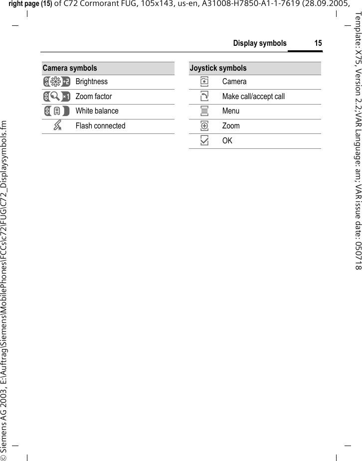15Display symbolsright page (15) of C72 Cormorant FUG, 105x143, us-en, A31008-H7850-A1-1-7619 (28.09.2005, &copy; Siemens AG 2003, E:\Auftrag\Siemens\MobilePhones\FCCs\c72\FUG\C72_Displaysymbols.fmTemplate: X75, Version 2.2;VAR Language: am; VAR issue date: 050718Camera symbols&Ugrave; Brightness&Uacute; Zoom factor&Ucirc; White balance&times; Flash connectedJoystick symbols&icirc; Camera&eth; Make call/accept call&iacute; Menu&iuml; Zoom&igrave; OK