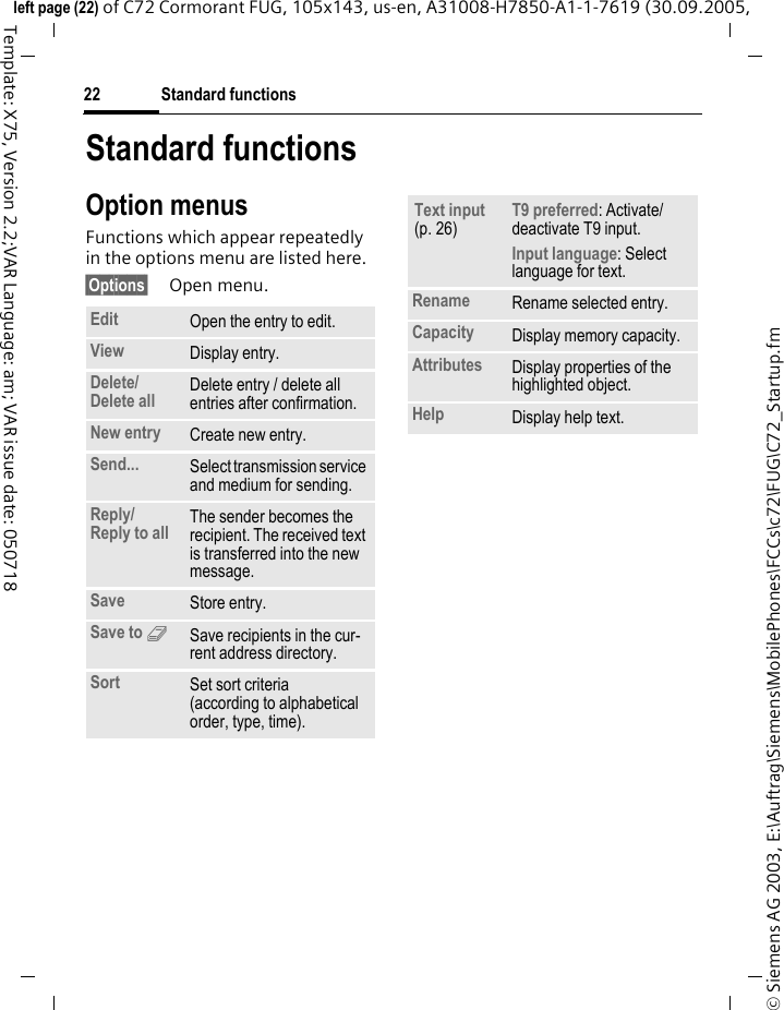 Standard functions22&copy; Siemens AG 2003, E:\Auftrag\Siemens\MobilePhones\FCCs\c72\FUG\C72_Startup.fmleft page (22) of C72 Cormorant FUG, 105x143, us-en, A31008-H7850-A1-1-7619 (30.09.2005, Template: X75, Version 2.2;VAR Language: am; VAR issue date: 050718Standard functionsOption menusFunctions which appear repeatedly in the options menu are listed here.&sect;Options&sect; Open menu.Edit Open the entry to edit.View Display entry.Delete/ Delete all Delete entry / delete all entries after confirmation.New entry Create new entry.Send... Select transmission service and medium for sending.Reply/ Reply to all The sender becomes the recipient. The received text is transferred into the new message.Save Store entry.Save to 9Save recipients in the cur-rent address directory.Sort Set sort criteria(according to alphabetical order, type, time).Text input (p. 26)T9 preferred: Activate/deactivate T9 input.Input language: Select language for text.Rename Rename selected entry.Capacity Display memory capacity.Attributes Display properties of the highlighted object.Help Display help text.