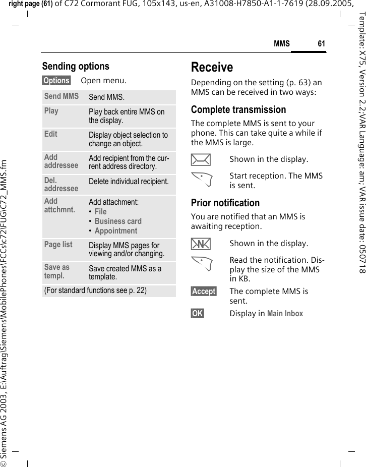 61MMSright page (61) of C72 Cormorant FUG, 105x143, us-en, A31008-H7850-A1-1-7619 (28.09.2005, &copy; Siemens AG 2003, E:\Auftrag\Siemens\MobilePhones\FCCs\c72\FUG\C72_MMS.fmTemplate: X75, Version 2.2;VAR Language: am; VAR issue date: 050718Sending options&sect;Options&sect; Open menu.ReceiveDepending on the setting (p. 63) an MMS can be received in two ways:Complete transmissionThe complete MMS is sent to your phone. This can take quite a while if the MMS is large.&ccedil;Shown in the display.<Start reception. The MMS is sent.Prior notificationYou are notified that an MMS is awaiting reception.wShown in the display.<Read the notification. Dis-play the size of the MMS in KB.&sect;Accept&sect; The complete MMS is sent.&sect;OK&sect; Display in Main Inbox Send MMS Send MMS.Play Play back entire MMS on the display.Edit Display object selection to change an object.Add addressee Add recipient from the cur-rent address directory.Del. addressee Delete individual recipient.Add attchmnt. Add attachment:&bull;File &bull;Business card &bull;Appointment Page list Display MMS pages for viewing and/or changing.Save as templ. Save created MMS as a template.(For standard functions see p. 22)