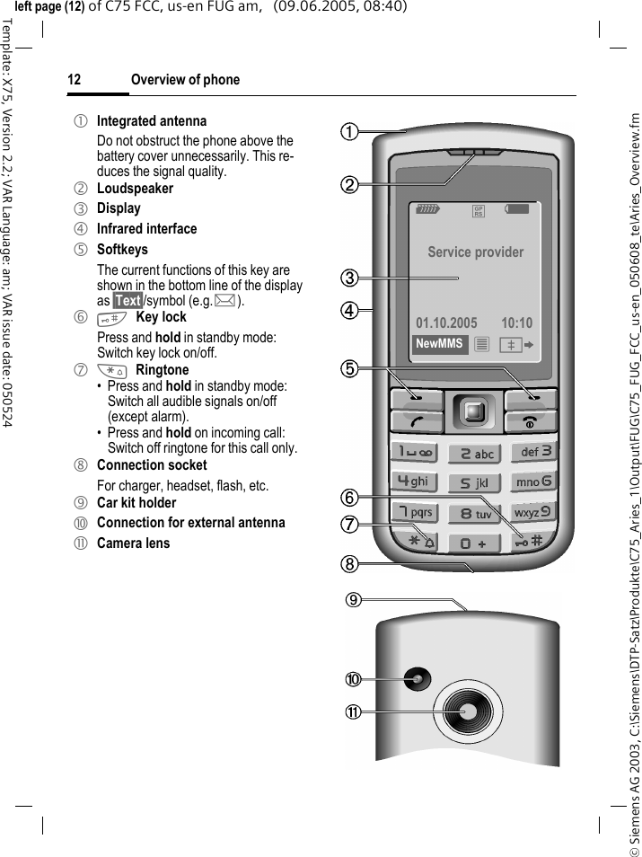 Overview of phone12&copy; Siemens AG 2003, C:\Siemens\DTP-Satz\Produkte\C75_Aries_1\Output\FUG\C75_FUG_FCC_us-en_050608_te\Aries_Overview.fmTemplate: X75, Version 2.2; VAR Language: am; VAR issue date: 050524left page (12) of C75 FCC, us-en FUG am,   (09.06.2005, 08:40)1 Integrated antennaDo not obstruct the phone above the battery cover unnecessarily. This re-duces the signal quality.2 Loudspeaker3 Display4 Infrared interface 5 SoftkeysThe current functions of this key are shown in the bottom line of the display as &sect;Text&sect;/symbol (e.g. p).6 #Key lockPress and hold in standby mode: Switch key lock on/off.7 *Ringtone&bull; Press and hold in standby mode: Switch all audible signals on/off (except alarm). &bull; Press and hold on incoming call: Switch off ringtone for this call only.8 Connection socketFor charger, headset, flash, etc.9 Car kit holder: Connection for external antenna* Camera lensZ &pound; X Service provider01.10.2005 10:10NewMMS &iacute; &Iuml; 