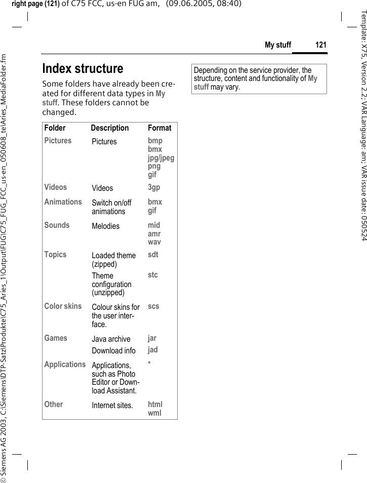121My stuff&copy; Siemens AG 2003, C:\Siemens\DTP-Satz\Produkte\C75_Aries_1\Output\FUG\C75_FUG_FCC_us-en_050608_te\Aries_MediaFolder.fmTemplate: X75, Version 2.2; VAR Language: am; VAR issue date: 050524right page (121) of C75 FCC, us-en FUG am,   (09.06.2005, 08:40)Index structureSome folders have already been cre-ated for different data types in My stuff. These folders cannot be changed.Folder Description FormatPictures Pictures bmpbmxjpg/jpegpnggifVideos Videos 3gpAnimations Switch on/off animationsbmxgifSounds Melodies midamrwavTopics Loaded theme (zipped)Theme configuration (unzipped)sdtstcColor skins Colour skins for the user inter-face.scsGames Java archiveDownload infojarjadApplications Applications, such as Photo Editor or Down-load Assistant.*Other Internet sites. htmlwmlDepending on the service provider, the structure, content and functionality of My stuff may vary.