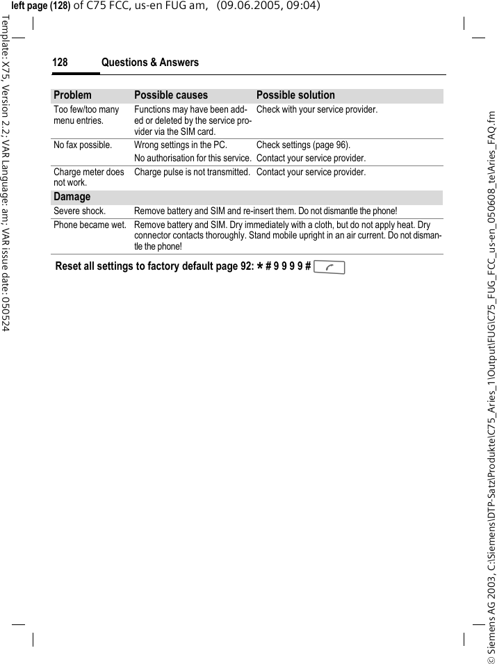 Questions &amp; Answers128&copy; Siemens AG 2003, C:\Siemens\DTP-Satz\Produkte\C75_Aries_1\Output\FUG\C75_FUG_FCC_us-en_050608_te\Aries_FAQ.fmTemplate: X75, Version 2.2; VAR Language: am; VAR issue date: 050524left page (128) of C75 FCC, us-en FUG am,   (09.06.2005, 09:04)Too few/too many menu entries.Functions may have been add-ed or deleted by the service pro-vider via the SIM card.Check with your service provider.No fax possible. Wrong settings in the PC. Check settings (page 96).No authorisation for this service. Contact your service provider.Charge meter does not work.Charge pulse is not transmitted. Contact your service provider.DamageSevere shock. Remove battery and SIM and re-insert them. Do not dismantle the phone!Phone became wet. Remove battery and SIM. Dry immediately with a cloth, but do not apply heat. Dry connector contacts thoroughly. Stand mobile upright in an air current. Do not disman-tle the phone!Problem Possible causes Possible solutionReset all settings to factory default page 92: * # 9 9 9 9 # A 