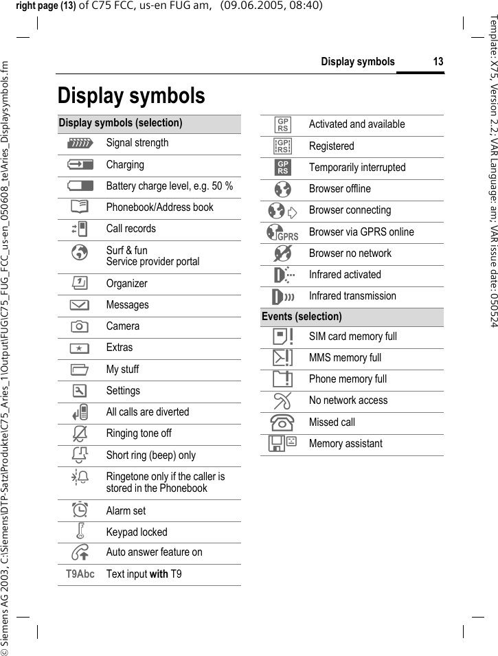 13Display symbols&copy; Siemens AG 2003, C:\Siemens\DTP-Satz\Produkte\C75_Aries_1\Output\FUG\C75_FUG_FCC_us-en_050608_te\Aries_Displaysymbols.fmTemplate: X75, Version 2.2; VAR Language: am; VAR issue date: 050524right page (13) of C75 FCC, us-en FUG am,   (09.06.2005, 08:40)Display symbolsDisplay symbols (selection)Z Signal strengthY ChargingW Battery charge level, e.g. 50 %L Phonebook/Address bookP Call recordsO Surf &amp; funService provider portalQ OrganizerM MessagesR CameraS ExtrasN My stuffT Settings&Ccedil; All calls are diverted&iquest; Ringing tone off&frac34; Short ring (beep) only&frac14; Ringetone only if the caller is stored in the Phonebook&sup1; Alarm set&Auml; Keypad locked&Aring; Auto answer feature onT9Abc Text input with T9&pound; Activated and available&cent; Registered&curren; Temporarily interrupted&plusmn; Browser offline&sup2; Browser connecting&sup3; Browser via GPRS online&acute; Browser no network &macr; Infrared activated&reg; Infrared transmissionEvents (selection)&atilde; SIM card memory full&auml; MMS memory full&aring; Phone memory full&AElig; No network access&Acirc; Missed call&Ecirc; Memory assistant
