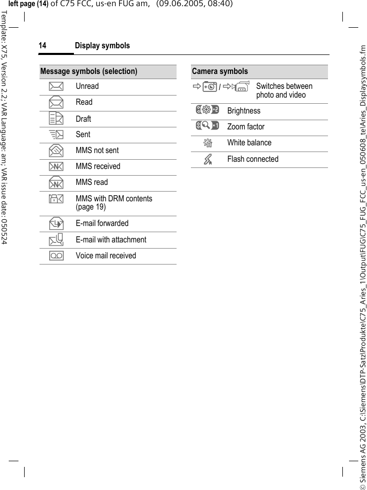 Display symbols14&copy; Siemens AG 2003, C:\Siemens\DTP-Satz\Produkte\C75_Aries_1\Output\FUG\C75_FUG_FCC_us-en_050608_te\Aries_Displaysymbols.fmTemplate: X75, Version 2.2; VAR Language: am; VAR issue date: 050524left page (14) of C75 FCC, us-en FUG am,   (09.06.2005, 08:40)Message symbols (selection)p Unreadq Readr Drafts Sentt MMS not sentw MMS received x MMS read y MMS with DRM contents (page 19)z E-mail forwarded{ E-mail with attachment&Agrave; Voice mail receivedCamera symbols&Ntilde;/&Ograve; Switches between photo and video&Ugrave; Brightness&Uacute; Zoom factor&Ucirc; White balance&times; Flash connected