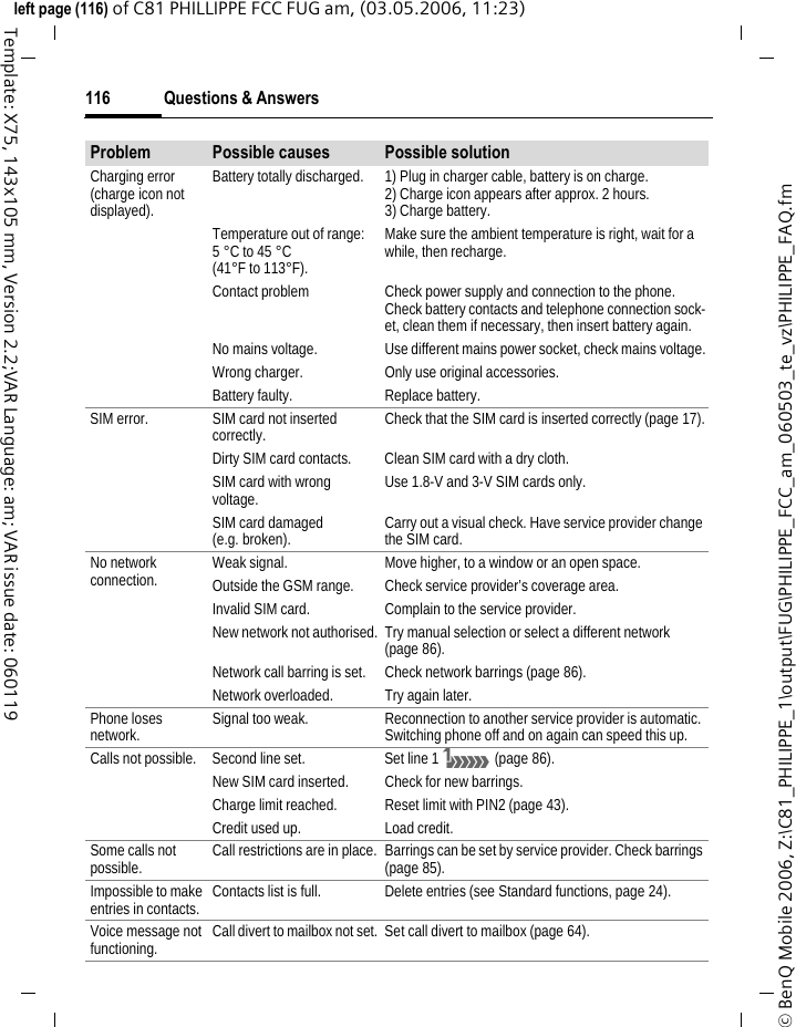 Questions &amp; Answers116&copy; BenQ Mobile 2006, Z:\C81_PHILIPPE_1\output\FUG\PHILIPPE_FCC_am_060503_te_vz\PHILIPPE_FAQ.fmleft page (116) of C81 PHILLIPPE FCC FUG am, (03.05.2006, 11:23)Template: X75, 143x105 mm, Version 2.2;VAR Language: am; VAR issue date: 060119Charging error (charge icon not displayed).Battery totally discharged. 1) Plug in charger cable, battery is on charge. 2) Charge icon appears after approx. 2 hours.3) Charge battery.Temperature out of range: 5&deg;C to 45&deg;C (41&deg;F to 113&deg;F).Make sure the ambient temperature is right, wait for a while, then recharge.Contact problem Check power supply and connection to the phone. Check battery contacts and telephone connection sock-et, clean them if necessary, then insert battery again.No mains voltage. Use different mains power socket, check mains voltage.Wrong charger. Only use original accessories.Battery faulty. Replace battery.SIM error. SIM card not inserted correctly. Check that the SIM card is inserted correctly (page 17).Dirty SIM card contacts. Clean SIM card with a dry cloth.SIM card with wrong voltage. Use 1.8-V and 3-V SIM cards only.SIM card damaged (e.g. broken). Carry out a visual check. Have service provider change the SIM card.No network connection. Weak signal. Move higher, to a window or an open space.Outside the GSM range. Check service provider&rsquo;s coverage area.Invalid SIM card. Complain to the service provider.New network not authorised. Try manual selection or select a different network (page 86).Network call barring is set. Check network barrings (page 86).Network overloaded. Try again later.Phone loses network. Signal too weak. Reconnection to another service provider is automatic. Switching phone off and on again can speed this up.Calls not possible. Second line set. Set line 1 &atilde; (page 86).New SIM card inserted. Check for new barrings.Charge limit reached. Reset limit with PIN2 (page 43).Credit used up. Load credit.Some calls not possible. Call restrictions are in place. Barrings can be set by service provider. Check barrings (page 85).Impossible to make entries in contacts. Contacts list is full. Delete entries (see Standard functions, page 24).Voice message not functioning. Call divert to mailbox not set. Set call divert to mailbox (page 64).Problem Possible causes Possible solution
