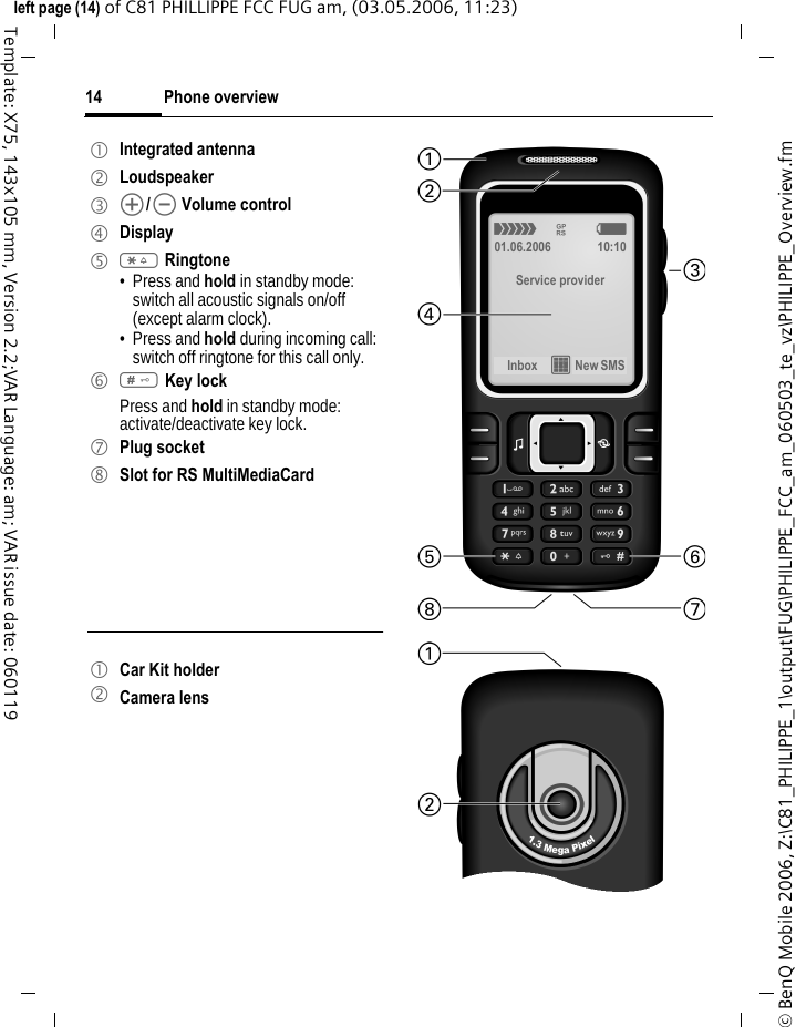Phone overview14&copy; BenQ Mobile 2006, Z:\C81_PHILIPPE_1\output\FUG\PHILIPPE_FCC_am_060503_te_vz\PHILIPPE_Overview.fmleft page (14) of C81 PHILLIPPE FCC FUG am, (03.05.2006, 11:23)Template: X75, 143x105 mm, Version 2.2;VAR Language: am; VAR issue date: 0601191 Integrated antenna 2 Loudspeaker3 [/\ Volume control4 Display5 * Ringtone&bull;Press and hold in standby mode: switch all acoustic signals on/off (except alarm clock). &bull; Press and hold during incoming call: switch off ringtone for this call only.6 # Key lockPress and hold in standby mode: activate/deactivate key lock.7 Plug socket8 Slot for RS MultiMediaCard1 Car Kit holder2 Camera lens&aacute; &pound; &szlig;01.06.2006 10:10Service providerInbox &iacute; New SMS 