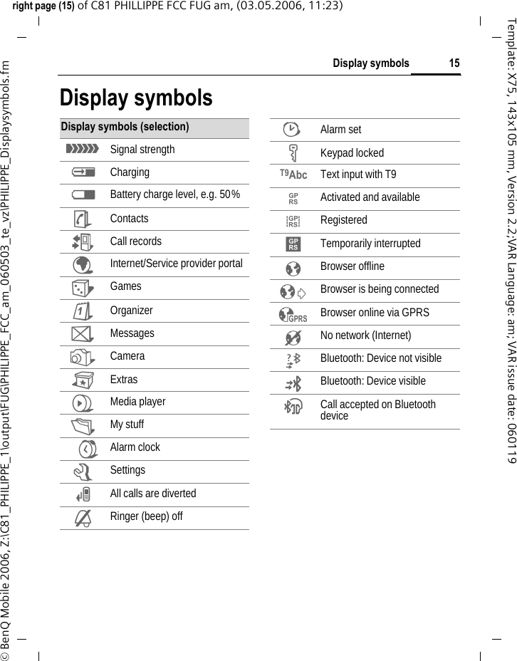 15Display symbolsright page (15) of C81 PHILLIPPE FCC FUG am, (03.05.2006, 11:23)&copy; BenQ Mobile 2006, Z:\C81_PHILIPPE_1\output\FUG\PHILIPPE_FCC_am_060503_te_vz\PHILIPPE_Displaysymbols.fmTemplate: X75, 143x105 mm, Version 2.2;VAR Language: am; VAR issue date: 060119Display symbolsDisplay symbols (selection)&aacute; Signal strength&agrave; Charging&THORN; Battery charge level, e.g. 50%L ContactsP Call recordsO Internet/Service provider portalW GamesQ OrganizerM MessagesR CameraS ExtrasV Media playerN My stuffU Alarm clockT Settings&Ccedil; All calls are diverted&frac12; Ringer (beep) off&sup1; Alarm set&Auml; Keypad lockedT9Abc Text input with T9&pound; Activated and available&cent; Registered&curren; Temporarily interrupted&plusmn; Browser offline&sup2; Browser is being connected&sup3; Browser online via GPRS&acute; No network (Internet)&not; Bluetooth: Device not visible&copy; Bluetooth: Device visible &ordf; Call accepted on Bluetooth device