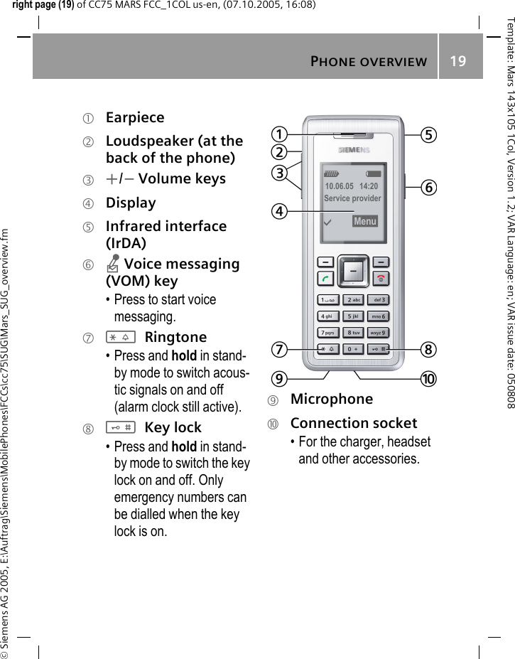 PHONE OVERVIEW19&copy; Siemens AG 2005, E:\Auftrag\Siemens\MobilePhones\FCCs\cc75\SUG\Mars_SUG_overview.fmTemplate: Mars 143x105 1Col, Version 1.2; VAR Language: en; VAR issue date: 050808right page (19) of CC75 MARS FCC_1COL us-en, (07.10.2005, 16:08)1 Earpiece2 Loudspeaker (at the back of the phone)3 +/- Volume keys4 Display5 Infrared interface (IrDA)6 n Voice messaging (VOM) key&bull; Press to start voice messaging.7 * Ringtone&bull; Press and hold in stand-by mode to switch acous-tic signals on and off (alarm clock still active).8 # Key lock&bull; Press and hold in stand-by mode to switch the key lock on and off. Only emergency numbers can be dialled when the key lock is on.9 Microphone: Connection socket&bull; For the charger, headset and other accessories.Z X10.06.05   14:20Service provider&igrave; &sect;Menu&sect; 