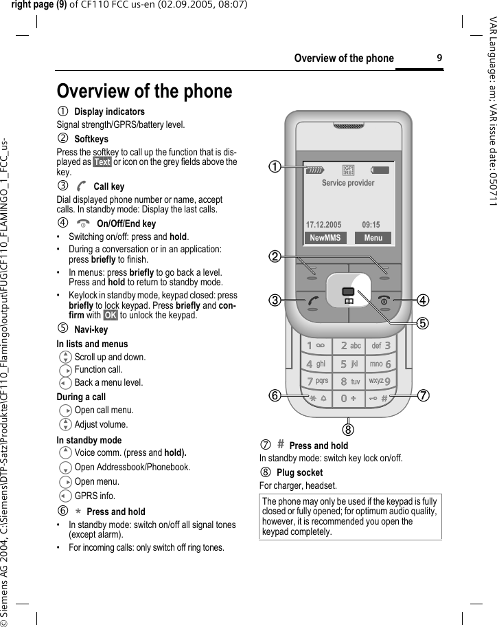 9Overview of the phoneright page (9) of CF110 FCC us-en (02.09.2005, 08:07)&copy; Siemens AG 2004, C:\Siemens\DTP-Satz\Produkte\CF110_Flamingo\output\FUG\CF110_FLAMINGO_1_FCC_us-VAR Language: am; VAR issue date: 050711Overview of the phone1Display indicatorsSignal strength/GPRS/battery level.2SoftkeysPress the softkey to call up the function that is dis-played as &sect;Text&sect; or icon on the grey fields above the key.3ACall keyDial displayed phone number or name, accept calls. In standby mode: Display the last calls.4BOn/Off/End key&bull; Switching on/off: press and hold.&bull; During a conversation or in an application: press briefly to finish.&bull; In menus: press briefly to go back a level. Press and hold to return to standby mode.&bull; Keylock in standby mode, keypad closed: press briefly to lock keypad. Press briefly and con-firm with &sect;OK&sect; to unlock the keypad.5Navi-keyIn lists and menusGScroll up and down.DFunction call.CBack a menu level.During a callDOpen call menu.GAdjust volume.In standby modeEVoice comm. (press and hold).FOpen Addressbook/Phonebook.DOpen menu.CGPRS info.6*Press and hold &bull; In standby mode: switch on/off all signal tones (except alarm). &bull; For incoming calls: only switch off ring tones.7Press and holdIn standby mode: switch key lock on/off.8 Plug socketFor charger, headset.The phone may only be used if the keypad is fully closed or fully opened; for optimum audio quality, however, it is recommended you open the keypad completely. _ &ordf;gService provider17.12.2005  09:15NewMMS          Menu