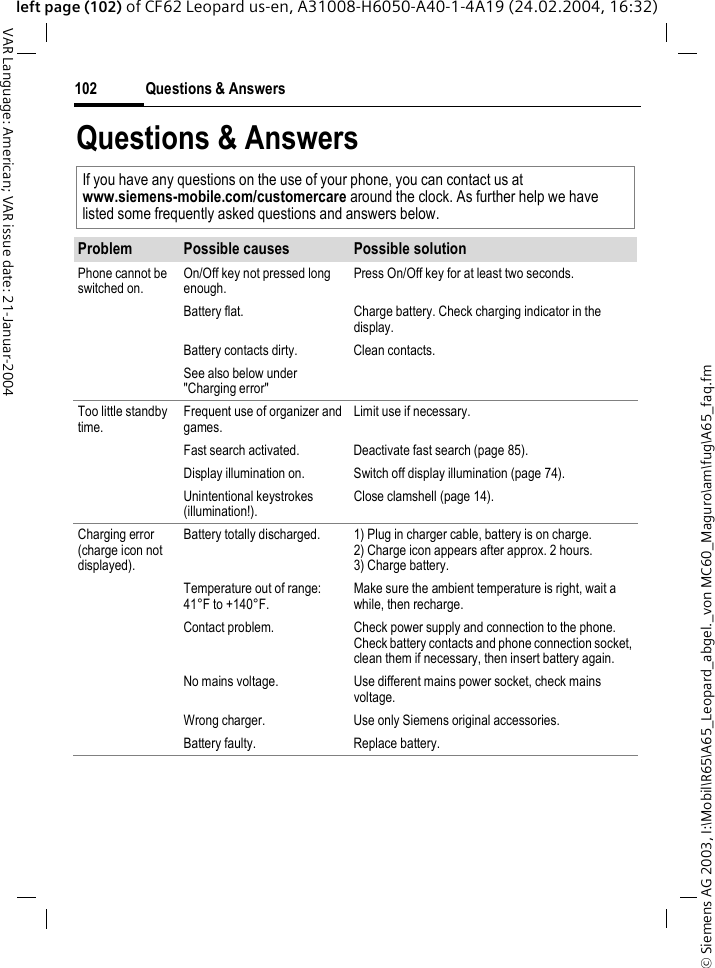 &copy; Siemens AG 2003, I:\Mobil\R65\A65_Leopard_abgel._von MC60_Maguro\am\fug\A65_faq.fmQuestions &amp; Answers102VAR Language: American; VAR issue date: 21-Januar-2004left page (102) of CF62 Leopard us-en, A31008-H6050-A40-1-4A19 (24.02.2004, 16:32)Questions &amp; AnswersIf you have any questions on the use of your phone, you can contact us atwww.siemens-mobile.com/customercare around the clock. As further help we have listed some frequently asked questions and answers below.Problem Possible causes Possible solutionPhone cannot be switched on.On/Off key not pressed long enough.Press On/Off key for at least two seconds.Battery flat. Charge battery. Check charging indicator in the display.Battery contacts dirty. Clean contacts.See also below under "Charging error"Too little standby time.Frequent use of organizer and games.Limit use if necessary.Fast search activated. Deactivate fast search (page 85).Display illumination on. Switch off display illumination (page 74).Unintentional keystrokes (illumination!).Close clamshell (page 14).Charging error(charge icon not displayed).Battery totally discharged. 1) Plug in charger cable, battery is on charge. 2) Charge icon appears after approx. 2 hours.3) Charge battery.Temperature out of range: 41&deg;F to +140&deg;F.Make sure the ambient temperature is right, wait a while, then recharge.Contact problem. Check power supply and connection to the phone. Check battery contacts and phone connection socket, clean them if necessary, then insert battery again.No mains voltage. Use different mains power socket, check mains voltage.Wrong charger. Use only Siemens original accessories.Battery faulty. Replace battery.