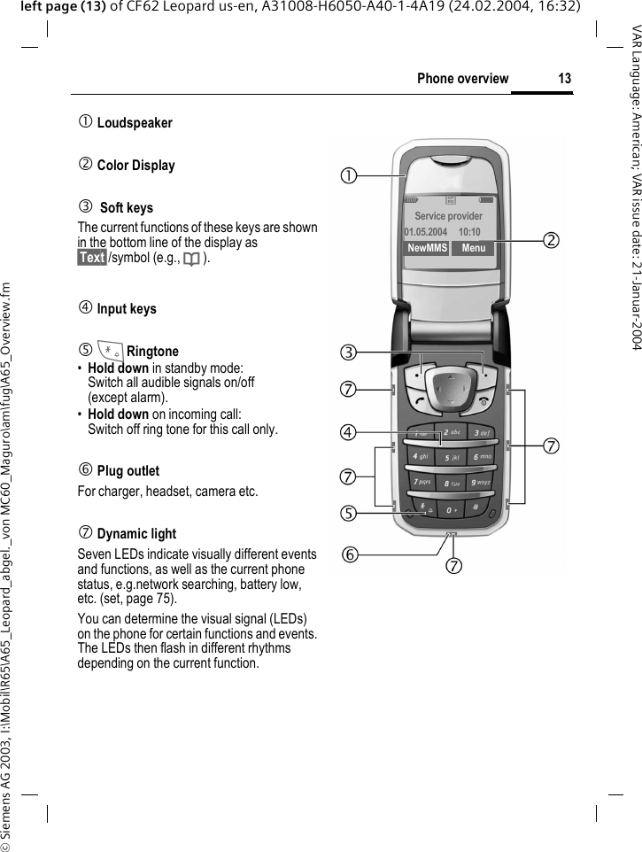 &copy; Siemens AG 2003, I:\Mobil\R65\A65_Leopard_abgel._von MC60_Maguro\am\fug\A65_Overview.fm13Phone overviewVAR Language: American; VAR issue date: 21-Januar-2004left page (13) of CF62 Leopard us-en, A31008-H6050-A40-1-4A19 (24.02.2004, 16:32)1 Loudspeaker 2 Color Display 3 Soft keysThe current functions of these keys are shown in the bottom line of the display as &sect;Text&sect;/symbol (e.g., Q ).4 Input keys5 *Ringtone&bull;Hold down in standby mode: Switch all audible signals on/off (except alarm). &bull;Hold down on incoming call: Switch off ring tone for this call only.6 Plug outletFor charger, headset, camera etc.7 Dynamic lightSeven LEDs indicate visually different events and functions, as well as the current phone status, e.g.network searching, battery low, etc. (set, page 75).You can determine the visual signal (LEDs) on the phone for certain functions and events. The LEDs then flash in different rhythms depending on the current function. _&ordf;gService provider01.05.2004  10:10NewMMS Menu