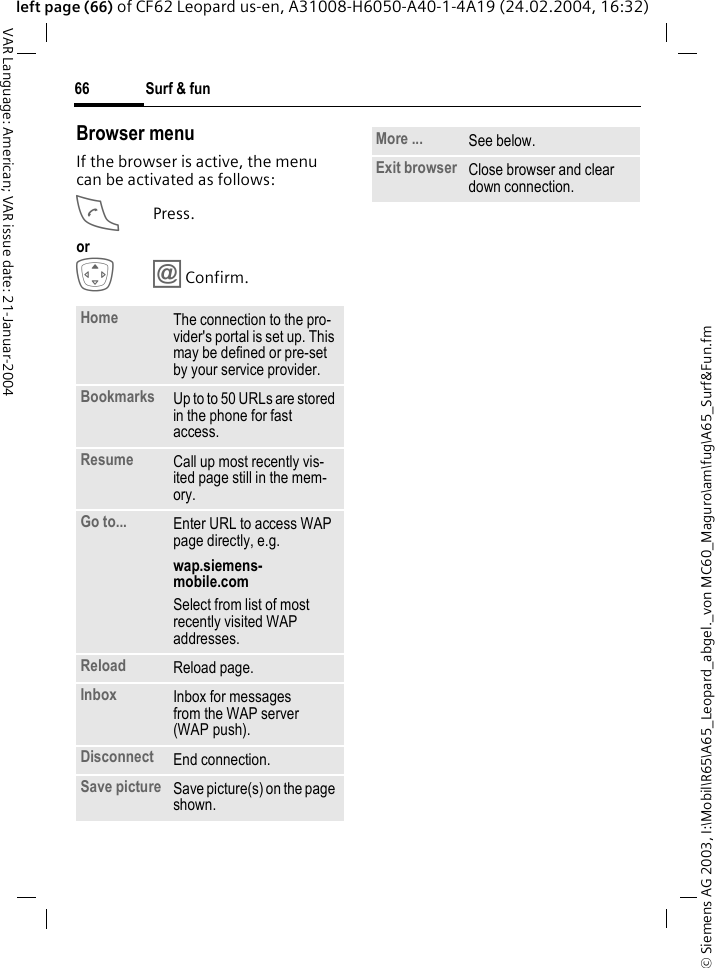 &copy; Siemens AG 2003, I:\Mobil\R65\A65_Leopard_abgel._von MC60_Maguro\am\fug\A65_Surf&amp;Fun.fmSurf &amp; fun66VAR Language: American; VAR issue date: 21-Januar-2004left page (66) of CF62 Leopard us-en, A31008-H6050-A40-1-4A19 (24.02.2004, 16:32)Browser menuIf the browser is active, the menu can be activated as follows:APress.orG&Iacute;Confirm.Home The connection to the pro-vider's portal is set up. This may be defined or pre-set by your service provider.Bookmarks Up to to 50 URLs are stored in the phone for fast access.Resume Call up most recently vis-ited page still in the mem-ory.Go to... Enter URL to access WAP page directly, e.g.wap.siemens-mobile.comSelect from list of most recently visited WAP addresses.Reload Reload page.Inbox Inbox for messages from the WAP server (WAP push).Disconnect End connection. Save picture Save picture(s) on the page shown.More ... See below.Exit browser Close browser and clear down connection.