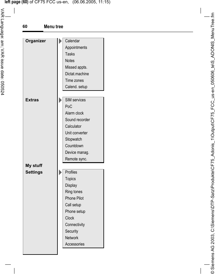 &copy; Siemens AG 2003, C:\Siemens\DTP-Satz\Produkte\CF75_Adonis_1\Output\CF75_FCC_us-en_050606_te\S_ADONIS_MenuTree.fmleft page (60) of CF75 FCC us-en,   (06.06.2005, 11:15)Menu tree60VAR Language: am; VAR issue date: 050524Organizer >CalendarAppointmentsTasksNotesMissed appts.Dictat.machineTime zonesCalend. setupExtras >SIM servicesPoCAlarm clockSound recorderCalculatorUnit converterStopwatchCountdownDevice manag.Remote sync.My stuffSettings >ProfilesTopicsDisplayRing tonesPhone PilotCall setupPhone setupClockConnectivitySecurityNetworkAccessories