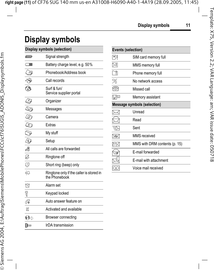 11Display symbolsright page (11) of CF76 SUG 140 mm us-en A31008-H6090-A40-1-4A19 (28.09.2005, 11:45)&copy; Siemens AG 2004, E:\Auftrag\Siemens\MobilePhones\FCCs\cf76\SUG\S_ADONIS_Displaysymbols.fmTemplate: X75, Version 2.2; VAR Language: am; VAR issue date: 050718Display symbolsDisplay symbols (selection)ZSignal strengthW Battery charge level, e.g. 50%L Phonebook/Address bookP Call recordsO Surf &amp; fun/Service supplier portalQ OrganizerM MessagesR CameraS ExtrasN My stuffT Setup&Ccedil; All calls are forwarded&iquest; Ringtone off&frac34; Short ring (beep) only&frac14; Ringtone only if the caller is stored in the Phonebook&sup1; Alarm set&Auml; Keypad locked&Aring; Auto answer feature on&pound; Activated and available&sup2; Browser connecting&reg; IrDA transmissionEvents (selection)&atilde; SIM card memory full&auml; MMS memory full&aring; Phone memory full&AElig; No network access&Acirc; Missed call&Ecirc; Memory assistantMessage symbols (selection)p Unreadq Reads Sentw MMS received y MMS with DRM contents (p. 15)z E-mail forwarded{ E-mail with attachment&Agrave; Voice mail received