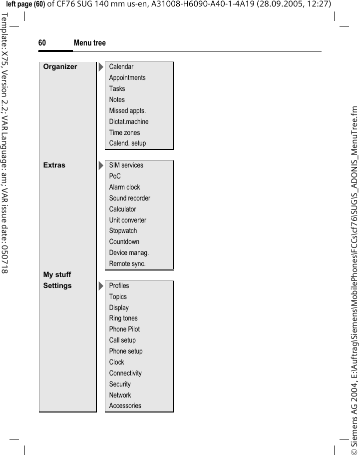 Menu tree60&copy; Siemens AG 2004, E:\Auftrag\Siemens\MobilePhones\FCCs\cf76\SUG\S_ADONIS_MenuTree.fmleft page (60) of CF76 SUG 140 mm us-en, A31008-H6090-A40-1-4A19 (28.09.2005, 12:27)Template: X75, Version 2.2; VAR Language: am; VAR issue date: 050718Organizer >CalendarAppointmentsTasksNotesMissed appts.Dictat.machineTime zonesCalend. setupExtras >SIM servicesPoCAlarm clockSound recorderCalculatorUnit converterStopwatchCountdownDevice manag.Remote sync.My stuffSettings >ProfilesTopicsDisplayRing tonesPhone PilotCall setupPhone setupClockConnectivitySecurityNetworkAccessories