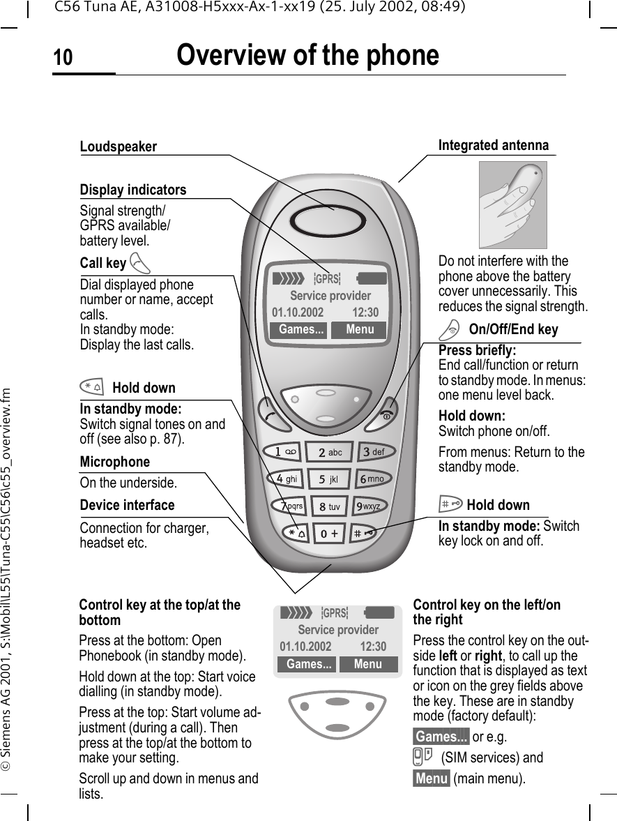 Overview of the phone10C56 Tuna AE, A31008-H5xxx-Ax-1-xx19 (25. July 2002, 08:49)&copy; Siemens AG 2001, S:\Mobil\L55\Tuna-C55\C56\c55_overview.fmOverview of the phoneLoudspeakerDisplay indicatorsSignal strength/GPRS available/battery level.Call key  ADial displayed phone number or name, accept calls.In standby mode: Display the last calls. *Hold downIn standby mode:Switch signal tones on and off (see also p. 87).MicrophoneOn the underside.Device interfaceConnection for charger, headset etc.Integrated antenna Do not interfere with the phone above the battery cover unnecessarily. This reduces the signal strength. B On/Off/End keyPress briefly: End call/function or return to standby mode. In menus: one menu level back. Hold down: Switch phone on/off.From menus: Return to the standby mode. # Hold downIn standby mode: Switch key lock on and off.Control key at the top/at the bottomPress at the bottom: Open Phonebook (in standby mode). Hold down at the top: Start voice dialling (in standby mode).Press at the top: Start volume ad-justment (during a call). Then press at the top/at the bottom to make your setting.Scroll up and down in menus and lists.Control key on the left/on the rightPress the control key on the out-side left or right, to call up the function that is displayed as text or icon on the grey fields above the key. These are in standby mode (factory default):&sect;Games...&sect; or e.g. }  (SIM services) and &sect;Menu&sect; (main menu)._ &ordf;  gService provider01.10.2002 12:30Games... Menu_ &ordf;  gService provider01.10.2002 12:30Games... Menu
