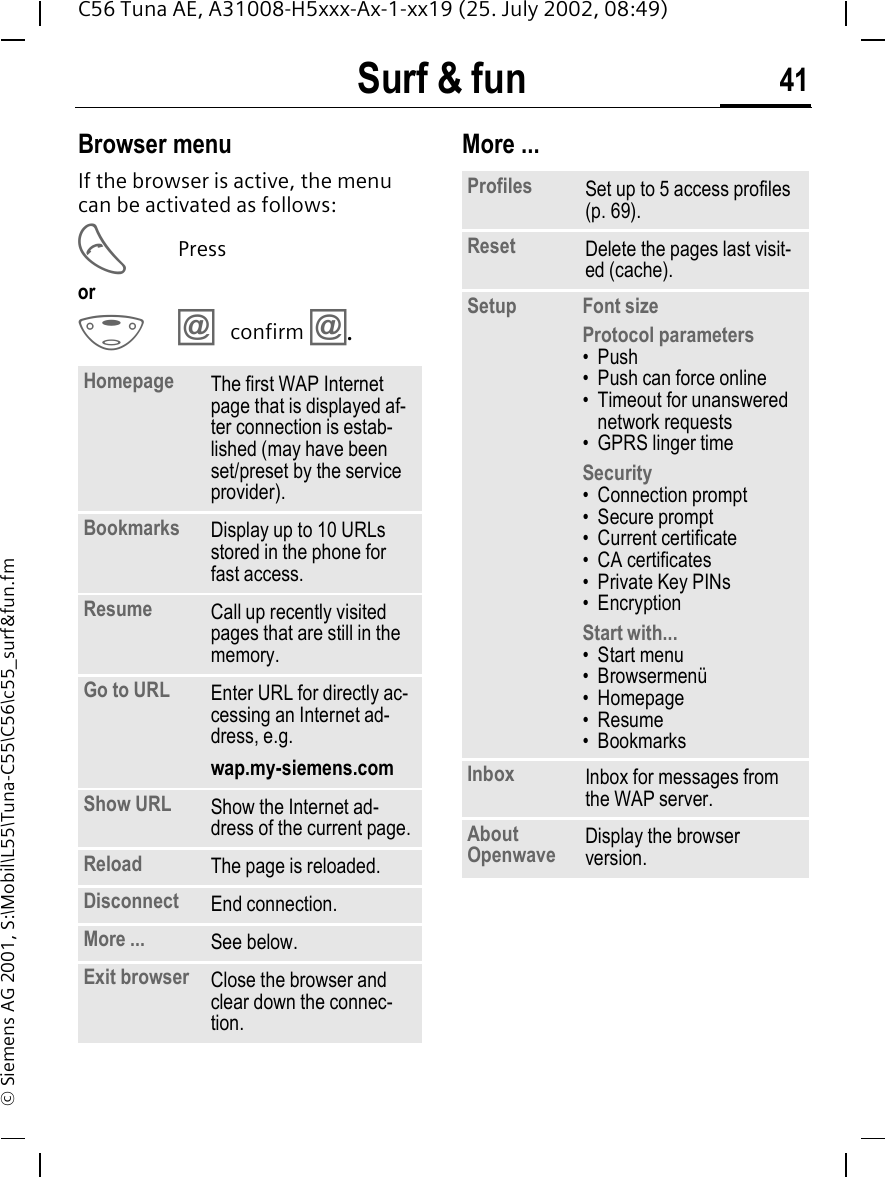 Surf &amp; fun 41C56 Tuna AE, A31008-H5xxx-Ax-1-xx19 (25. July 2002, 08:49)&copy; Siemens AG 2001, S:\Mobil\L55\Tuna-C55\C56\c55_surf&amp;fun.fmBrowser menuIf the browser is active, the menu can be activated as follows: APressor E &Iacute; confirm  &Iacute;.More ... Homepage The first WAP Internet page that is displayed af-ter connection is estab-lished (may have been set/preset by the service provider).Bookmarks  Display up to 10 URLs stored in the phone for fast access.Resume Call up recently visited pages that are still in the memory.Go to URL Enter URL for directly ac-cessing an Internet ad-dress, e.g. wap.my-siemens.comShow URL Show the Internet ad-dress of the current page.Reload The page is reloaded.Disconnect End connection. More ... See below.Exit browser Close the browser and clear down the connec-tion.Profiles Set up to 5 access profiles (p. 69).Reset Delete the pages last visit-ed (cache). Setup Font sizeProtocol parameters&bull;Push&bull; Push can force online&bull; Timeout for unanswered network requests&bull; GPRS linger timeSecurity&bull; Connection prompt&bull; Secure prompt&bull; Current certificate&bull;CA certificates&bull; Private Key PINs&bull; EncryptionStart with...&bull;Start menu&bull; Browsermen&uuml;&bull; Homepage&bull; Resume&bull;BookmarksInbox Inbox for messages from the WAP server.About Openwave Display the browser version.