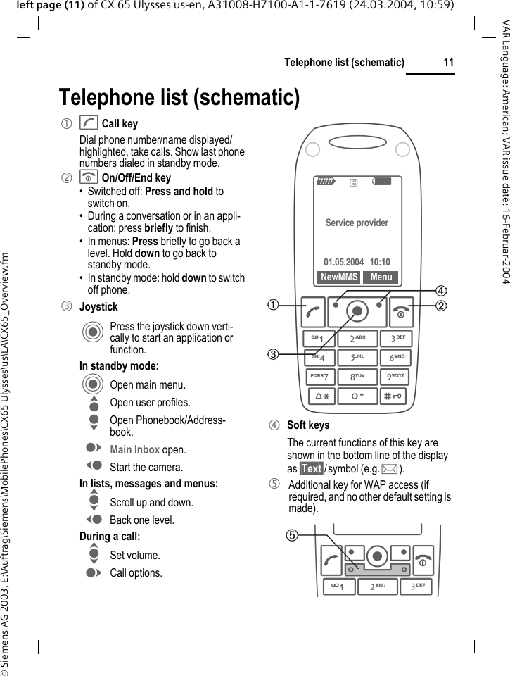 &copy; Siemens AG 2003, E:\Auftrag\Siemens\MobilePhones\CX65 Ulysses\us\LA\CX65_Overview.fm11Telephone list (schematic)VAR Language: American; VAR issue date: 16-Februar-2004left page (11) of CX 65 Ulysses us-en, A31008-H7100-A1-1-7619 (24.03.2004, 10:59)Telephone list (schematic)1 A Call keyDial phone number/name displayed/highlighted, take calls. Show last phone numbers dialed in standby mode. 2 B On/Off/End key&bull; Switched off: Press and hold to switch on.&bull; During a conversation or in an appli-cation: press briefly to finish. &bull; In menus: Press briefly to go back a level. Hold down to go back to standby mode.&bull; In standby mode: hold down to switch off phone.3JoystickC Press the joystick down verti-cally to start an application or function.In standby mode:C Open main menu.G Open user profiles.H Open Phonebook/Address-book.E Main Inbox open.D Start the camera.In lists, messages and menus:I Scroll up and down.D Back one level.During a call:I Set volume.E Call options. 4 Soft keysThe current functions of this key are shown in the bottom line of the display as &sect;Text&sect;/symbol (e.g. p).5  Additional key for WAP access (if required, and no other default setting is made).Z&pound;XService provider01.05.2004  10:10NewMMS Menu