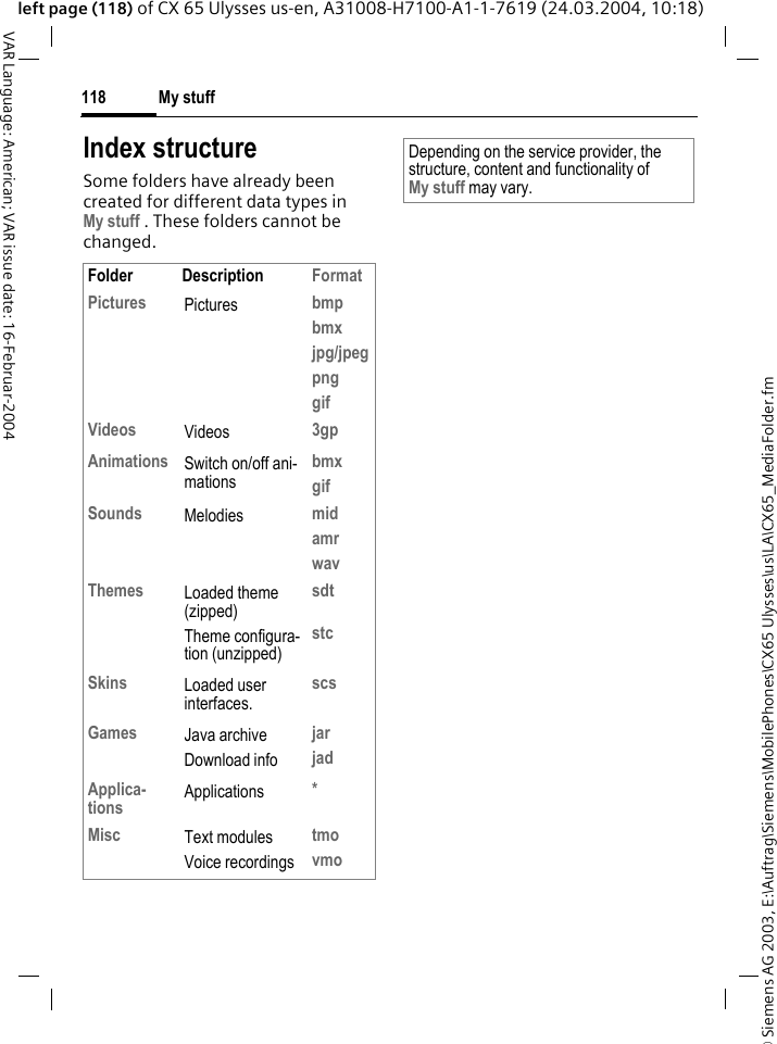 &copy; Siemens AG 2003, E:\Auftrag\Siemens\MobilePhones\CX65 Ulysses\us\LA\CX65_MediaFolder.fmMy stuff118VAR Language: American; VAR issue date: 16-Februar-2004left page (118) of CX 65 Ulysses us-en, A31008-H7100-A1-1-7619 (24.03.2004, 10:18)Index structureSome folders have already been created for different data types in My stuff . These folders cannot be changed.Folder Description FormatPictures Pictures bmpbmxjpg/jpegpnggifVideos Videos 3gpAnimations Switch on/off ani-mationsbmxgifSounds Melodies midamrwavThemes Loaded theme (zipped)Theme configura-tion (unzipped)sdtstcSkins Loaded user interfaces.scsGames Java archiveDownload infojarjadApplica-tions Applications *Misc Text modulesVoice recordingstmovmoDepending on the service provider, the structure, content and functionality of My stuff may vary.