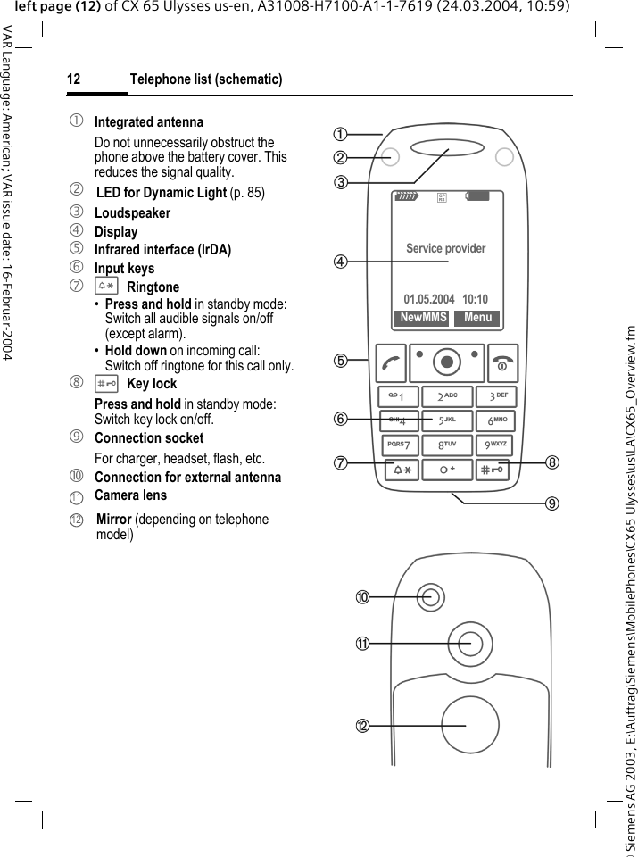 &copy; Siemens AG 2003, E:\Auftrag\Siemens\MobilePhones\CX65 Ulysses\us\LA\CX65_Overview.fmTelephone list (schematic)12VAR Language: American; VAR issue date: 16-Februar-2004left page (12) of CX 65 Ulysses us-en, A31008-H7100-A1-1-7619 (24.03.2004, 10:59)1 Integrated antennaDo not unnecessarily obstruct the phone above the battery cover. This reduces the signal quality.2 LED for Dynamic Light (p. 85)3 Loudspeaker4 Display5  Infrared interface (IrDA)6 Input keys7 *Ringtone&bull;Press and hold in standby mode: Switch all audible signals on/off (except alarm). &bull;Hold down on incoming call: Switch off ringtone for this call only.8 #Key lockPress and hold in standby mode: Switch key lock on/off.9 Connection socketFor charger, headset, flash, etc.:  Connection for external antenna Camera lens Mirror (depending on telephone model)1112Z&pound;XService provider01.05.2004  10:10NewMMS Menu