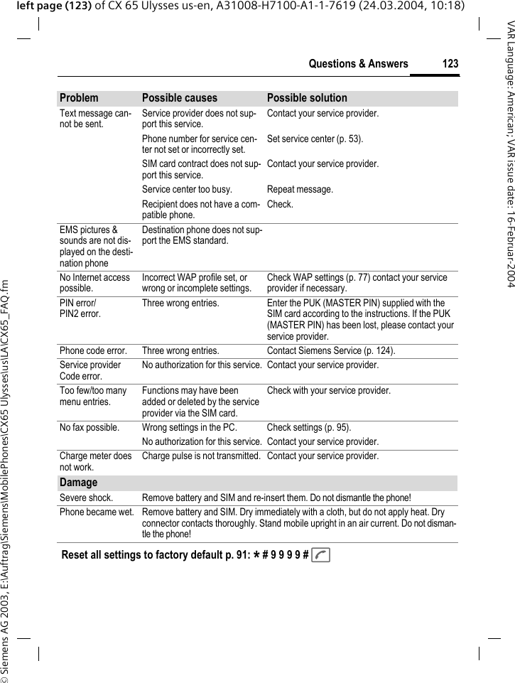 &copy; Siemens AG 2003, E:\Auftrag\Siemens\MobilePhones\CX65 Ulysses\us\LA\CX65_FAQ.fm123Questions &amp; AnswersVAR Language: American; VAR issue date: 16-Februar-2004left page (123) of CX 65 Ulysses us-en, A31008-H7100-A1-1-7619 (24.03.2004, 10:18)Text message can-not be sent.Service provider does not sup-port this service.Contact your service provider.Phone number for service cen-ter not set or incorrectly set.Set service center (p. 53).SIM card contract does not sup-port this service.Contact your service provider.Service center too busy. Repeat message.Recipient does not have a com-patible phone.Check.EMS pictures &amp; sounds are not dis-played on the desti-nation phoneDestination phone does not sup-port the EMS standard.No Internet access possible.Incorrect WAP profile set, or wrong or incomplete settings.Check WAP settings (p. 77) contact your service provider if necessary.PIN error/PIN2 error.Three wrong entries. Enter the PUK (MASTER PIN) supplied with the SIM card according to the instructions. If the PUK (MASTER PIN) has been lost, please contact your service provider.Phone code error. Three wrong entries. Contact Siemens Service (p. 124).Service providerCode error.No authorization for this service. Contact your service provider.Too few/too many menu entries.Functions may have been added or deleted by the service provider via the SIM card.Check with your service provider.No fax possible. Wrong settings in the PC. Check settings (p. 95).No authorization for this service. Contact your service provider.Charge meter does not work.Charge pulse is not transmitted. Contact your service provider.DamageSevere shock. Remove battery and SIM and re-insert them. Do not dismantle the phone!Phone became wet. Remove battery and SIM. Dry immediately with a cloth, but do not apply heat. Dry connector contacts thoroughly. Stand mobile upright in an air current. Do not disman-tle the phone!Problem Possible causes Possible solutionReset all settings to factory default p. 91: * # 9 9 9 9 # A 
