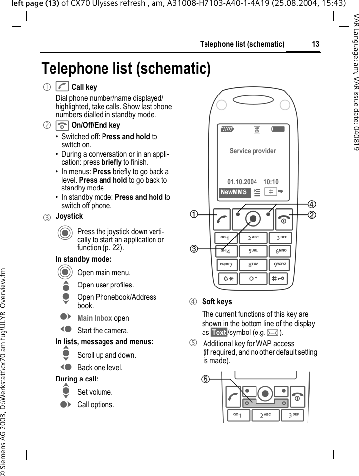 &copy; Siemens AG 2003, D:\Werkstatt\cx70 am fug\ULYR_Overview.fm13Telephone list (schematic)VAR Language: am; VAR issue date: 040819left page (13) of CX70 Ulysses refresh , am, A31008-H7103-A40-1-4A19 (25.08.2004, 15:43)Telephone list (schematic)1 A Call keyDial phone number/name displayed/highlighted, take calls. Show last phone numbers dialled in standby mode. 2 B On/Off/End key&bull; Switched off: Press and hold to switch on.&bull; During a conversation or in an appli-cation: press briefly to finish. &bull; In menus: Press briefly to go back a level. Press and hold to go back to standby mode.&bull; In standby mode: Press and hold to switch off phone.3JoystickC Press the joystick down verti-cally to start an application or function (p. 22).In standby mode:C Open main menu.G Open user profiles.H Open Phonebook/Address book.E Main Inbox openD Start the camera.In lists, messages and menus:I Scroll up and down.D Back one level.During a call:I Set volume.E Call options. 4 Soft keysThe current functions of this key are shown in the bottom line of the display as &sect;Text&sect;/symbol (e.g. p).5  Additional key for WAP access (if required, and no other default setting is made).Z &pound; X Service provider01.10.2004 10:10NewMMS &iacute; &Iuml; 