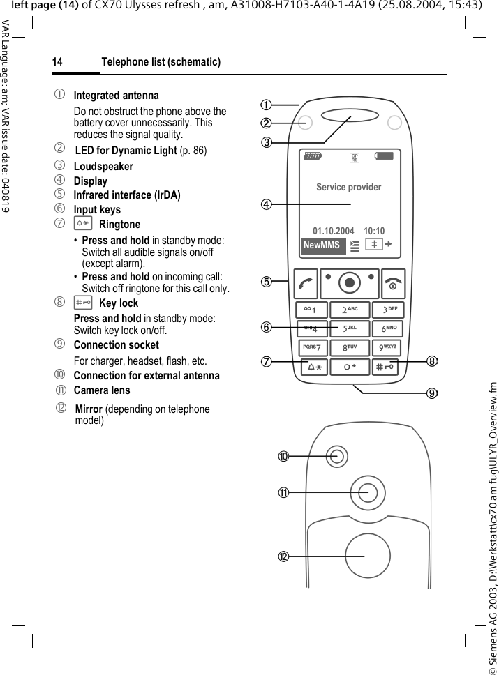 &copy; Siemens AG 2003, D:\Werkstatt\cx70 am fug\ULYR_Overview.fmTelephone list (schematic)14VAR Language: am; VAR issue date: 040819left page (14) of CX70 Ulysses refresh , am, A31008-H7103-A40-1-4A19 (25.08.2004, 15:43)1 Integrated antennaDo not obstruct the phone above the battery cover unnecessarily. This reduces the signal quality.2 LED for Dynamic Light (p. 86)3 Loudspeaker4 Display5  Infrared interface (IrDA)6 Input keys7 *Ringtone&bull;Press and hold in standby mode: Switch all audible signals on/off (except alarm). &bull;Press and hold on incoming call: Switch off ringtone for this call only.8 #Key lockPress and hold in standby mode: Switch key lock on/off.9 Connection socketFor charger, headset, flash, etc.:  Connection for external antenna* Camera lens" Mirror (depending on telephone model)Z &pound; X Service provider01.10.2004 10:10NewMMS &iacute; &Iuml; 