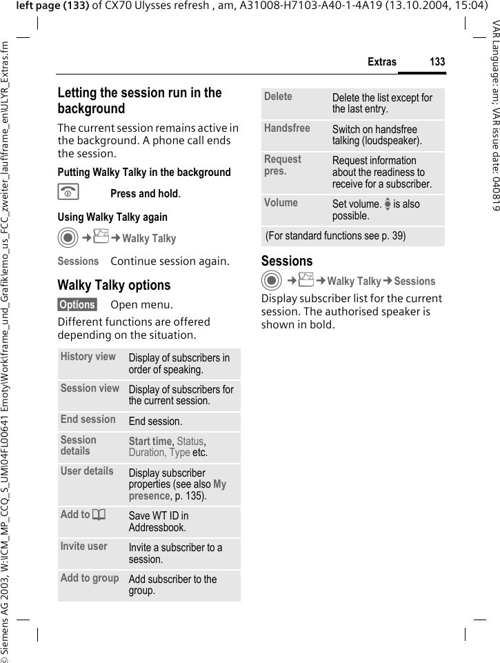 &copy; Siemens AG 2003, W:\ICM_MP_CCQ_S_UM\04FL00641 Emoty\Work\frame_und_Grafik\emo_us_FCC_zweiter_lauf\frame_en\ULYR_Extras.fm133ExtrasVAR Language: am; VAR issue date: 040819left page (133) of CX70 Ulysses refresh , am, A31008-H7103-A40-1-4A19 (13.10.2004, 15:04)Letting the session run in the backgroundThe current session remains active in the background. A phone call ends the session.Putting Walky Talky in the backgroundBPress and hold. Using Walky Talky againC&cent;S&cent;Walky TalkySessions Continue session again.Walky Talky options&sect;Options&sect; Open menu.Different functions are offered depending on the situation.SessionsC&cent;S&cent;Walky Talky&cent;SessionsDisplay subscriber list for the current session. The authorised speaker is shown in bold.History view Display of subscribers in order of speaking.Session view Display of subscribers for the current session.End session End session.Session details Start time, Status, Duration, Type etc.User details Display subscriber properties (see also My presence, p. 135).Add to dSave WT ID in Addressbook.Invite user Invite a subscriber to a session.Add to group Add subscriber to the group.Delete Delete the list except for the last entry.Handsfree Switch on handsfree talking (loudspeaker).Request pres. Request information about the readiness to receive for a subscriber.Volume Set volume. I is also possible.(For standard functions see p. 39)
