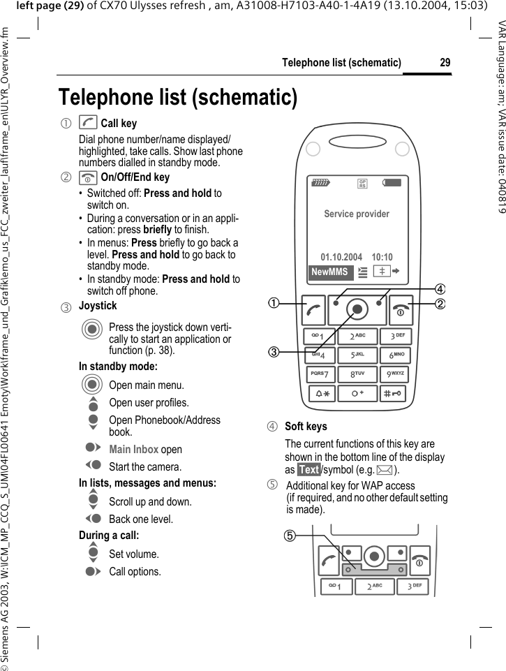 &copy; Siemens AG 2003, W:\ICM_MP_CCQ_S_UM\04FL00641 Emoty\Work\frame_und_Grafik\emo_us_FCC_zweiter_lauf\frame_en\ULYR_Overview.fm29Telephone list (schematic)VAR Language: am; VAR issue date: 040819left page (29) of CX70 Ulysses refresh , am, A31008-H7103-A40-1-4A19 (13.10.2004, 15:03)Telephone list (schematic)1 A Call keyDial phone number/name displayed/highlighted, take calls. Show last phone numbers dialled in standby mode. 2 B On/Off/End key&bull; Switched off: Press and hold to switch on.&bull; During a conversation or in an appli-cation: press briefly to finish. &bull; In menus: Press briefly to go back a level. Press and hold to go back to standby mode.&bull; In standby mode: Press and hold to switch off phone.3JoystickC Press the joystick down verti-cally to start an application or function (p. 38).In standby mode:C Open main menu.G Open user profiles.H Open Phonebook/Address book.E Main Inbox openD Start the camera.In lists, messages and menus:I Scroll up and down.D Back one level.During a call:I Set volume.E Call options. 4 Soft keysThe current functions of this key are shown in the bottom line of the display as &sect;Text&sect;/symbol (e.g. p).5  Additional key for WAP access (if required, and no other default setting is made).Z &pound; X Service provider01.10.2004 10:10NewMMS &iacute; &Iuml; 