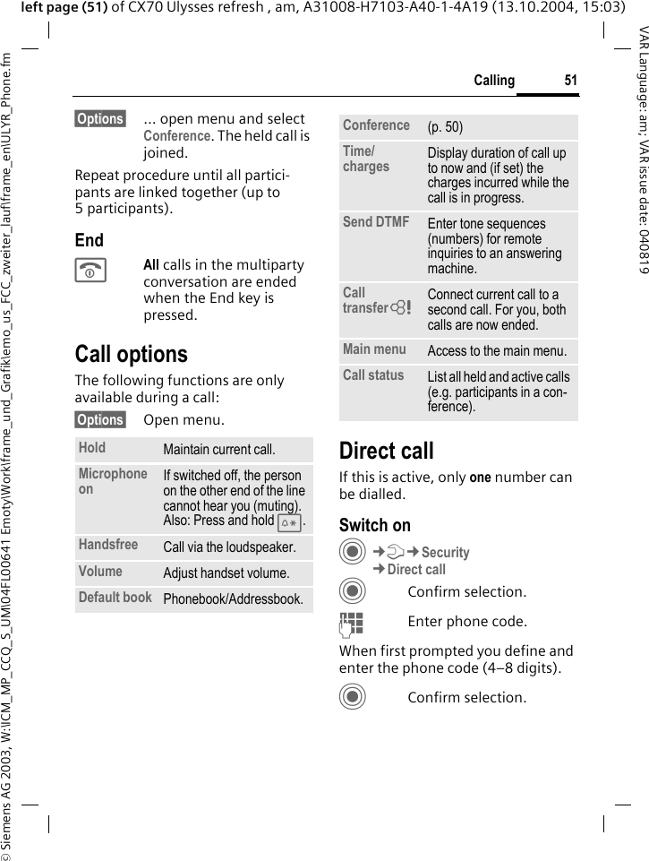 &copy; Siemens AG 2003, W:\ICM_MP_CCQ_S_UM\04FL00641 Emoty\Work\frame_und_Grafik\emo_us_FCC_zweiter_lauf\frame_en\ULYR_Phone.fm51CallingVAR Language: am; VAR issue date: 040819left page (51) of CX70 Ulysses refresh , am, A31008-H7103-A40-1-4A19 (13.10.2004, 15:03)&sect;Options&sect; &hellip; open menu and select Conference. The held call is joined.Repeat procedure until all partici-pants are linked together (up to 5participants).EndBAll calls in the multiparty conversation are ended when the End key is pressed. Call optionsThe following functions are only available during a call:&sect;Options&sect; Open menu.Direct callIf this is active, only one number can be dialled.Switch onC&cent;T&cent;Security&cent;Direct callCConfirm selection.JEnter phone code.When first prompted you define and enter the phone code (4&ndash;8 digits).CConfirm selection.Hold Maintain current call.Microphone on If switched off, the person on the other end of the line cannot hear you (muting). Also: Press and hold *.Handsfree Call via the loudspeaker. Volume Adjust handset volume.Default book Phonebook/Addressbook.Conference (p. 50)Time/charges Display duration of call up to now and (if set) the charges incurred while the call is in progress.Send DTMF Enter tone sequences (numbers) for remote inquiries to an answering machine.Call transfer= Connect current call to a second call. For you, both calls are now ended.Main menu Access to the main menu.Call status List all held and active calls (e.g. participants in a con-ference).