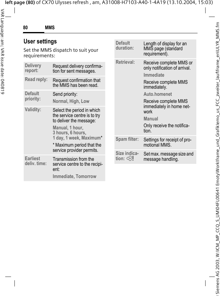&copy; Siemens AG 2003, W:\ICM_MP_CCQ_S_UM\04FL00641 Emoty\Work\frame_und_Grafik\emo_us_FCC_zweiter_lauf\frame_en\ULYR_MMS.fmMMS80VAR Language: am; VAR issue date: 040819left page (80) of CX70 Ulysses refresh , am, A31008-H7103-A40-1-4A19 (13.10.2004, 15:03)User settingsSet the MMS dispatch to suit your requirements: Delivery report: Request delivery confirma-tion for sent messages.Read reply: Request confirmation that the MMS has been read.Default priority: Send priority: Normal, High, Low Validity: Select the period in which the service centre is to try to deliver the message:Manual, 1 hour,3 hours, 6 hours, 1 day, 1 week, Maximum* * Maximum period that the service provider permits.Earliest deliv. time: Transmission from the service centre to the recipi-ent:Immediate, Tomorrow  Default duration: Length of display for an MMS page (standard requirement).Retrieval: Receive complete MMS or only notification of arrival.Immediate Receive complete MMS immediately.Auto.homenet Receive complete MMS immediately in home net-workManual Only receive the notifica-tion.Spam filter: Settings for receipt of pro-motional MMS.Size indica-tion: = Set max. message size and message handling.