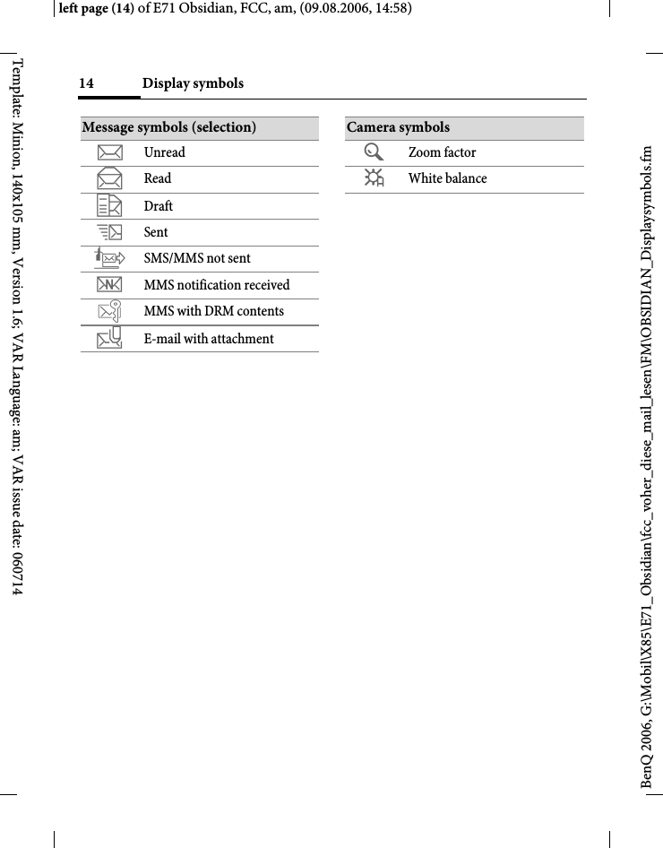Display symbols14BenQ 2006, G:\Mobil\X85\E71_Obsidian\fcc_voher_diese_mail_lesen\FM\OBSIDIAN_Displaysymbols.fmleft page (14) of E71 Obsidian, FCC, am, (09.08.2006, 14:58)Template: Minion, 140x105 mm, Version 1.6; VAR Language: am; VAR issue date: 060714Message symbols (selection)m Unreadn Reado Draftp Sentq SMS/MMS not sentr MMS notification received MMS with DRM contents v E-mail with attachmentCamera symbols&Uacute; Zoom factor&Ucirc; White balance